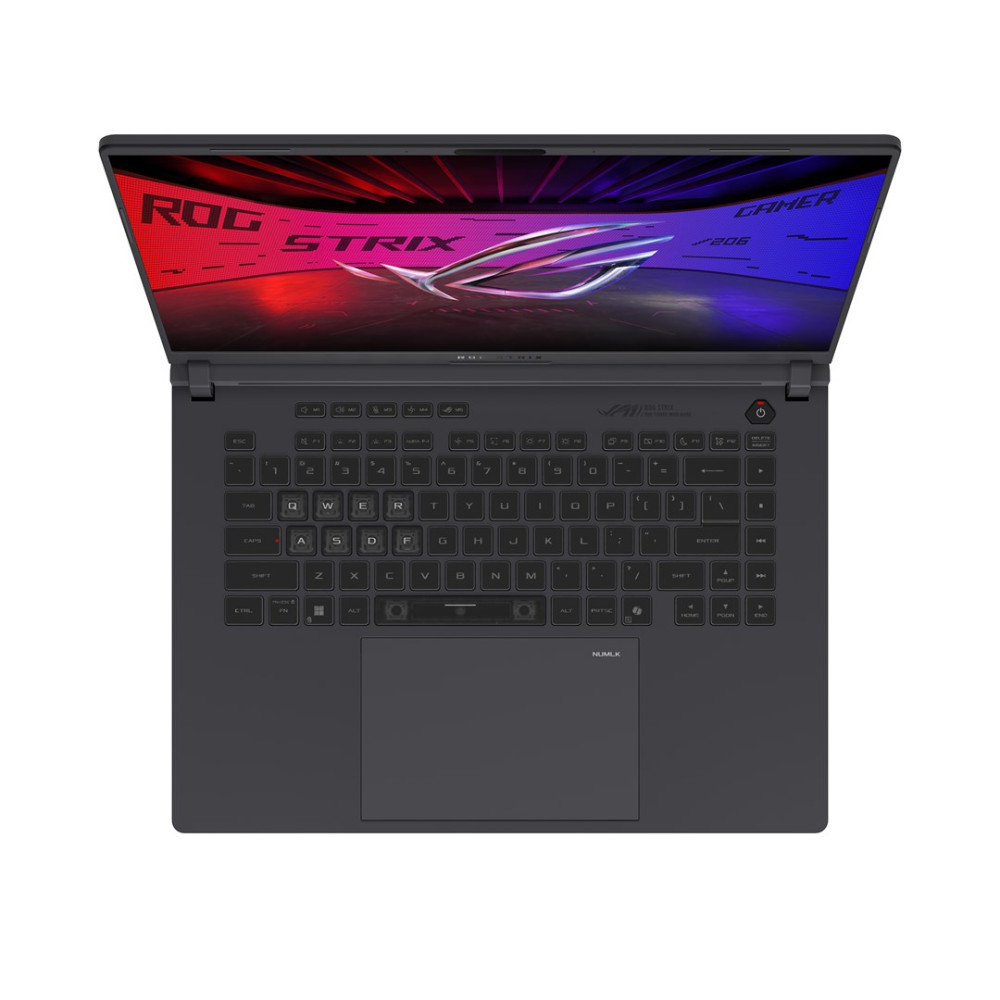 Ciemny laptop z otwartym ekranem, wyświetlającym ROG STRIX i Gamer. Klawiatura jest widoczna, a touchpad znajduje się na dole.