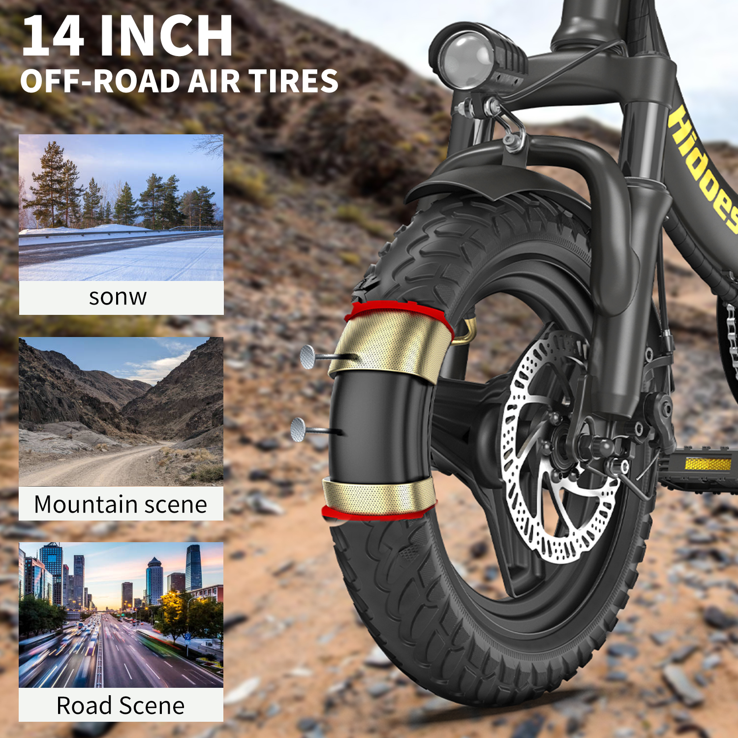 Zbliżenie czarnej opony rowerowej ze złotymi i czerwonymi akcentami. Tekst: '14-calowe opony terenowe'. Tło: widoki drogi i gór.