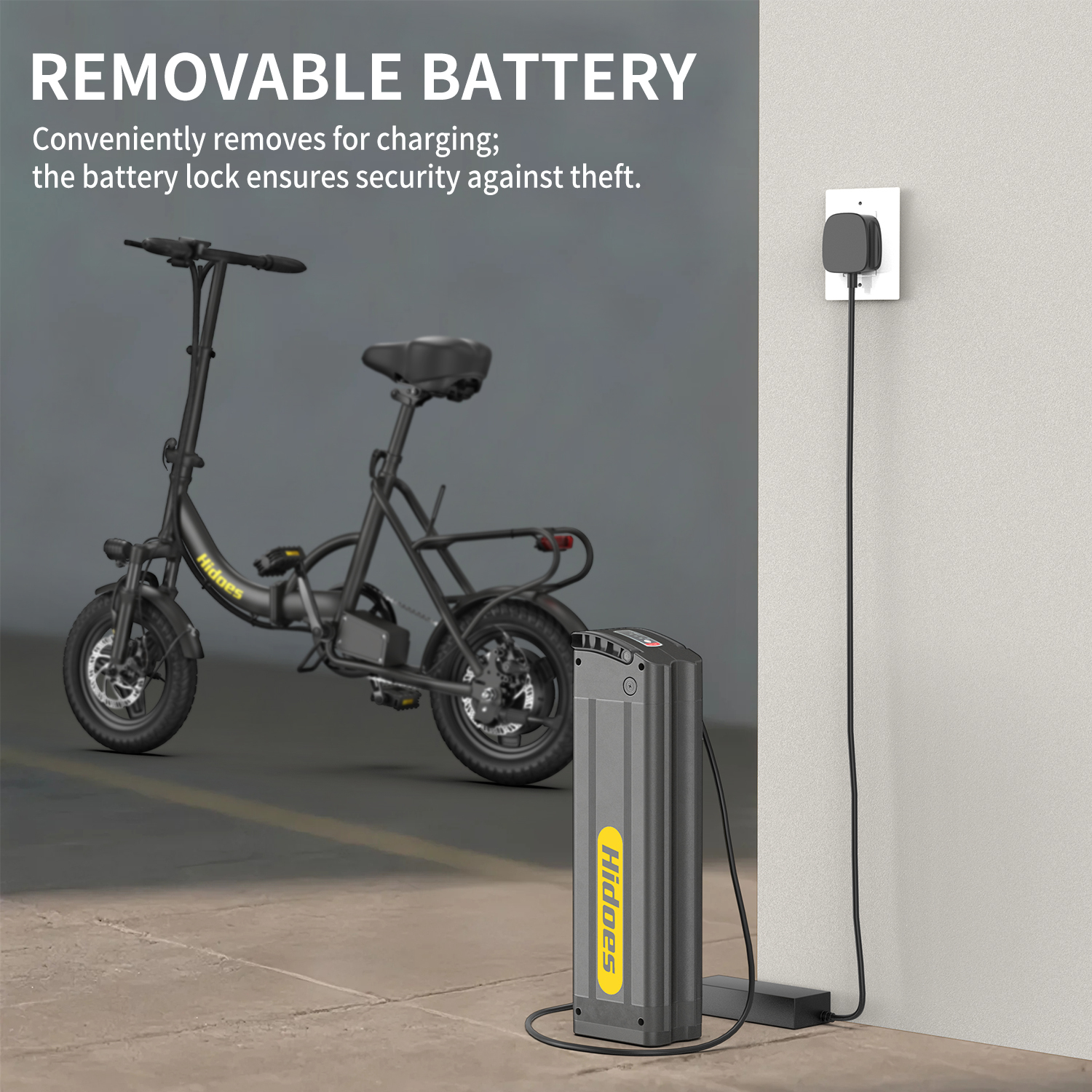 Rower elektryczny i jego bateria w trakcie ładowania. Bateria jest odłączona i podłączona. Szary rower, ciemna bateria i gniazdo ścienne.