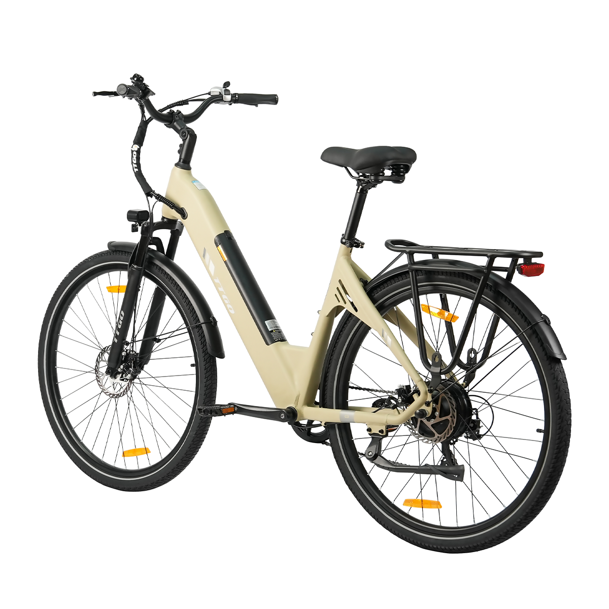 Beżowy rower elektryczny z czarnymi oponami, kierownicą i siedzeniem. Ma bagażnik, światła i akumulator. Białe tło.