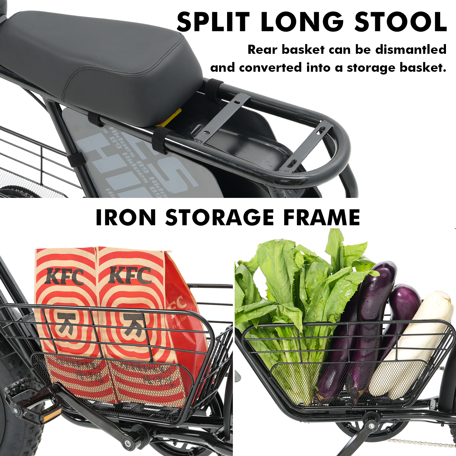 Czarny rower z siedzeniem i koszami do przechowywania. W jednym koszu są torby KFC, w drugim warzywa, takie jak bakłażany i zielenina.