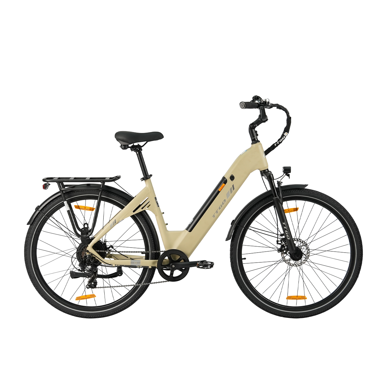 Beżowy rower elektryczny jest wyświetlany na białym tle. Ma czarne opony, czarne siodełko i bagażnik.
