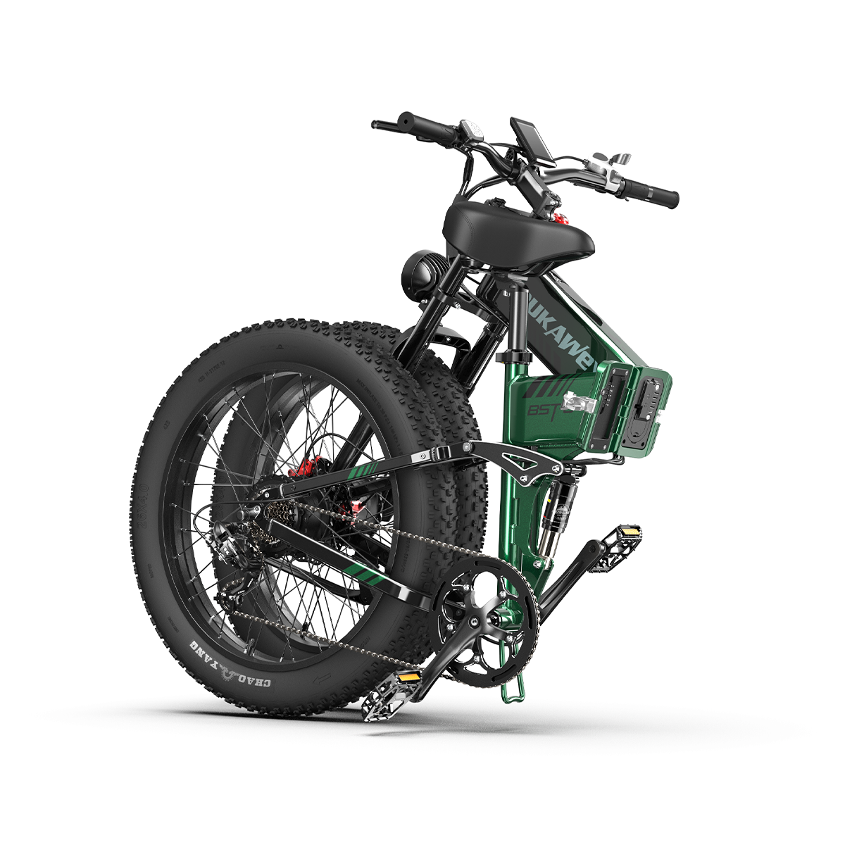 Zielono-czarny rower elektryczny pokazany z boku. Rower ma duże opony, akumulator i wyświetlacz cyfrowy.