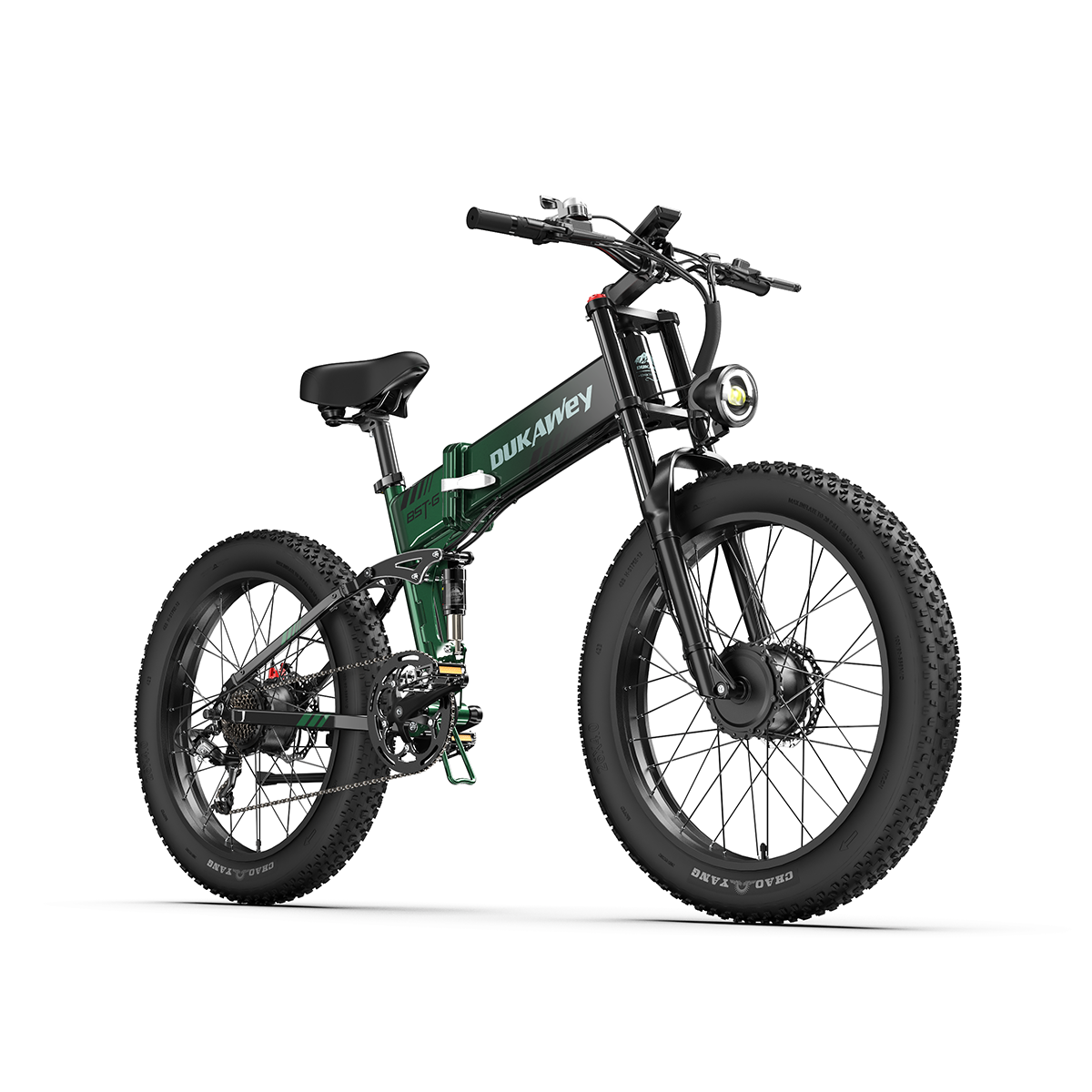 Zielony i czarny składany rower elektryczny na białym tle. Posiada duże opony, przednie światło i markę DUKAWeY.