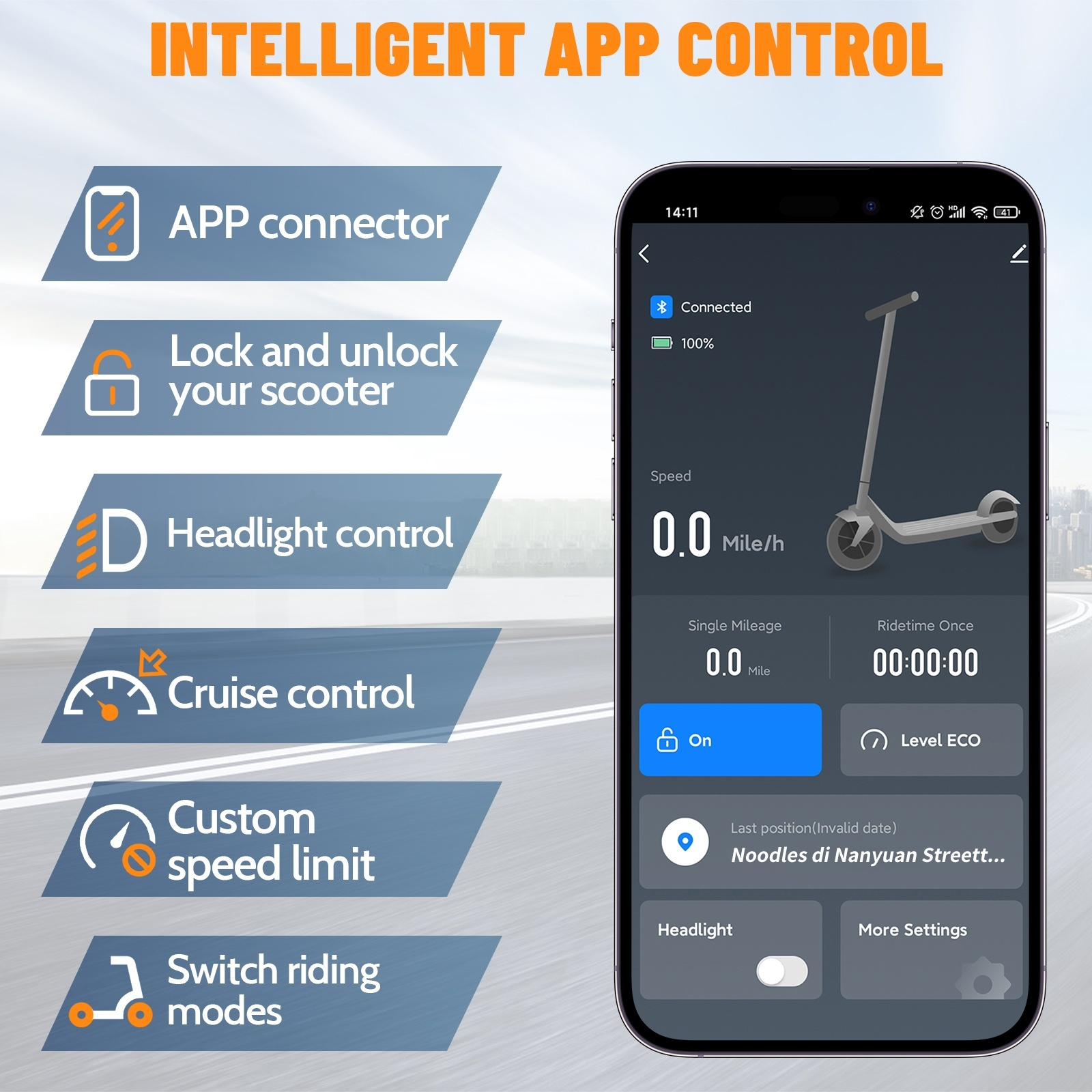 Interfejs sterowania aplikacją z ikoną skutera, pokazuje prędkość, przebieg i funkcje, takie jak reflektor i kontrola blokady.