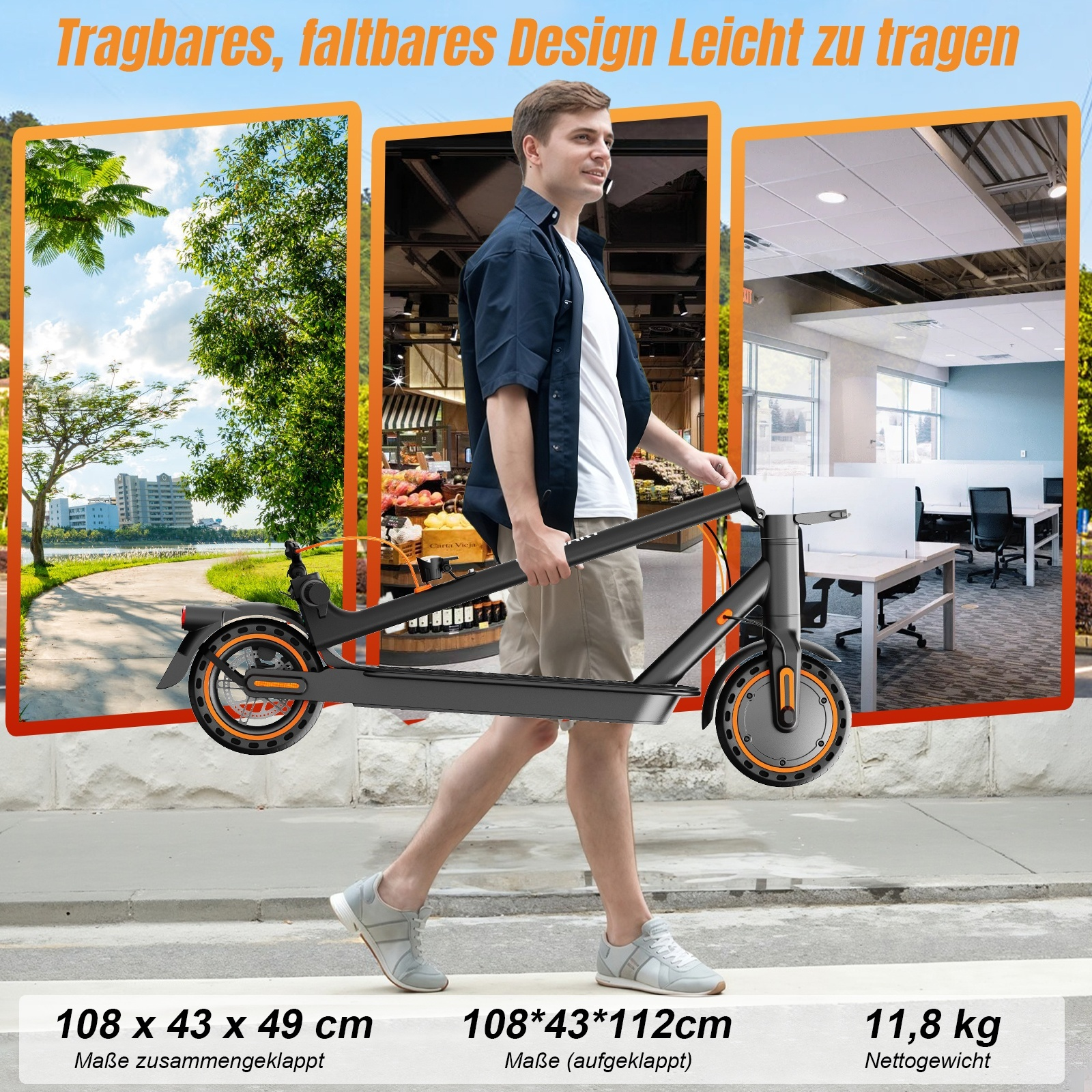 Mężczyzna niesie złożoną czarną hulajnogę. Obraz pokazuje wymiary i wagę hulajnogi, z różnymi tłami.