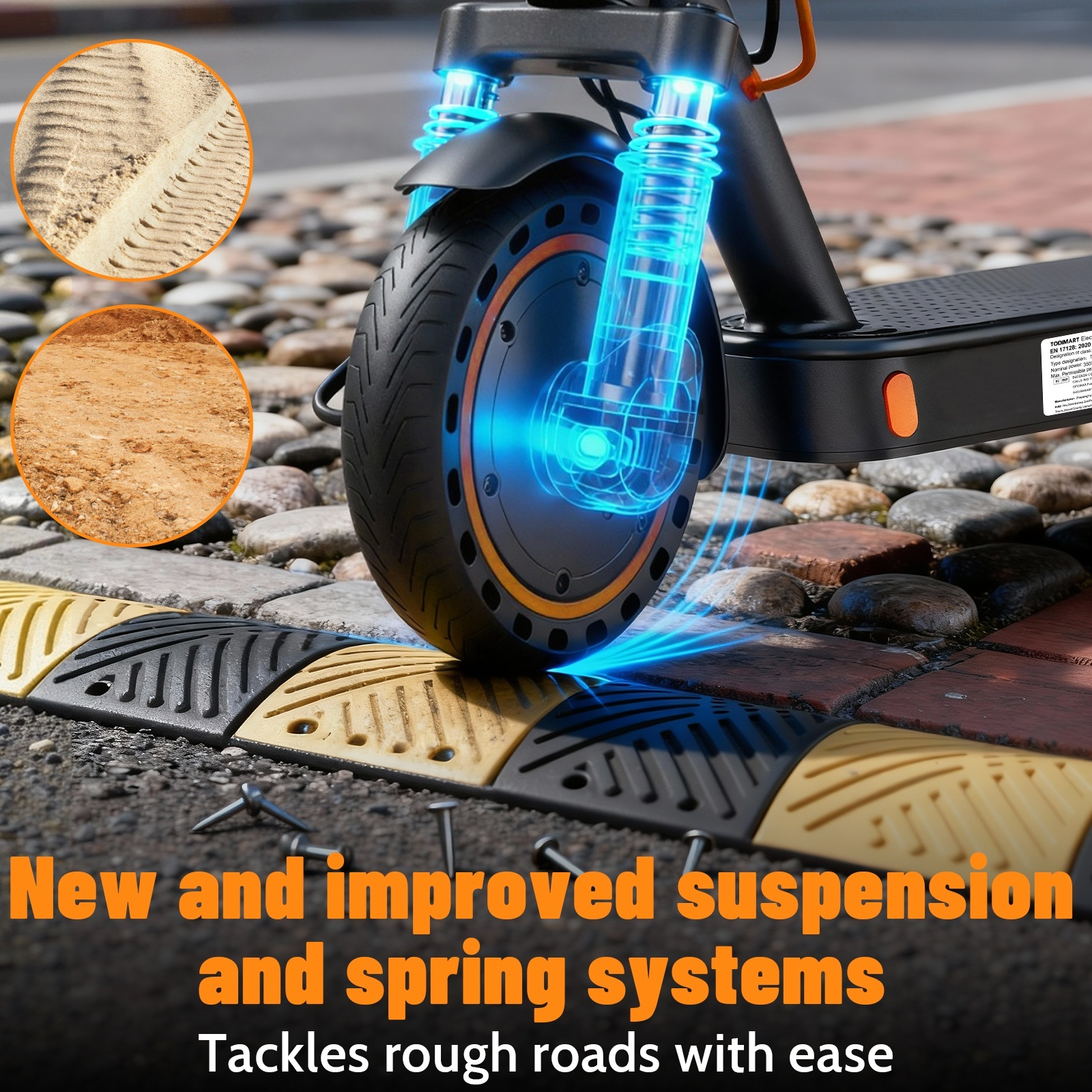 Hulajnoga elektryczna z zawieszeniem pokazana na wyboistej drodze. Obraz promuje nowe i ulepszone systemy zawieszenia.