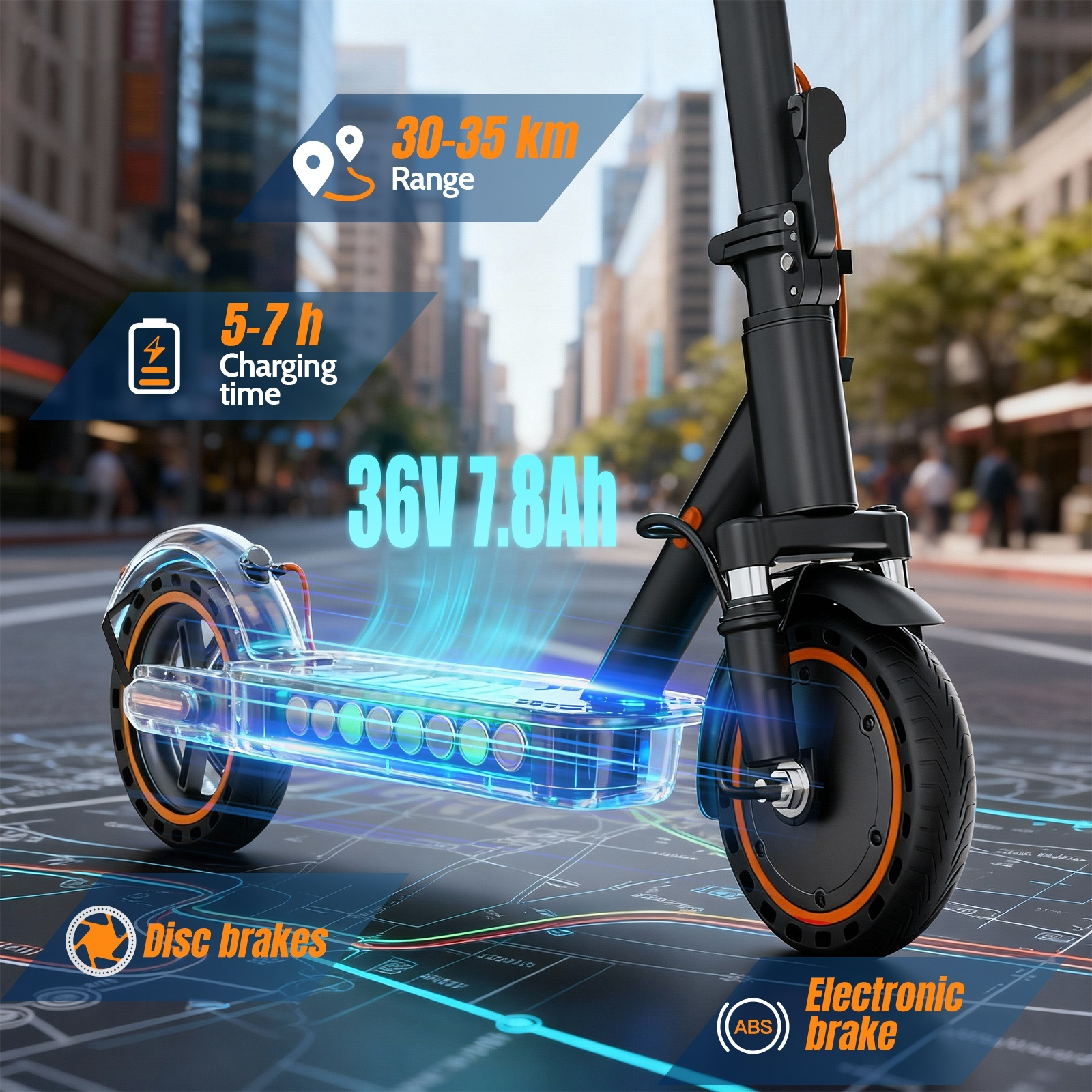 Hulajnoga elektryczna z wyróżnionymi specyfikacjami: zasięg 30-35 km, czas ładowania 5-7h, bateria 36V 7.8Ah, hamulce tarczowe i elektroniczne.