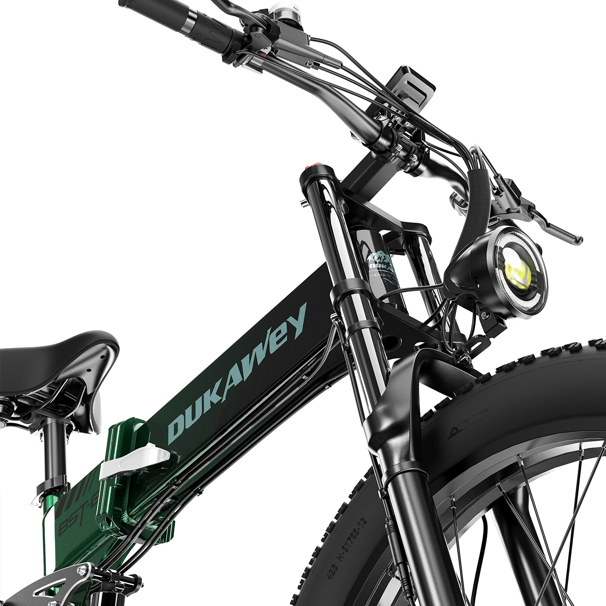 Czarno-zielony rower elektryczny DUKAwey. Widoczne przednie koło, reflektor, kierownica i siodełko na białym tle.