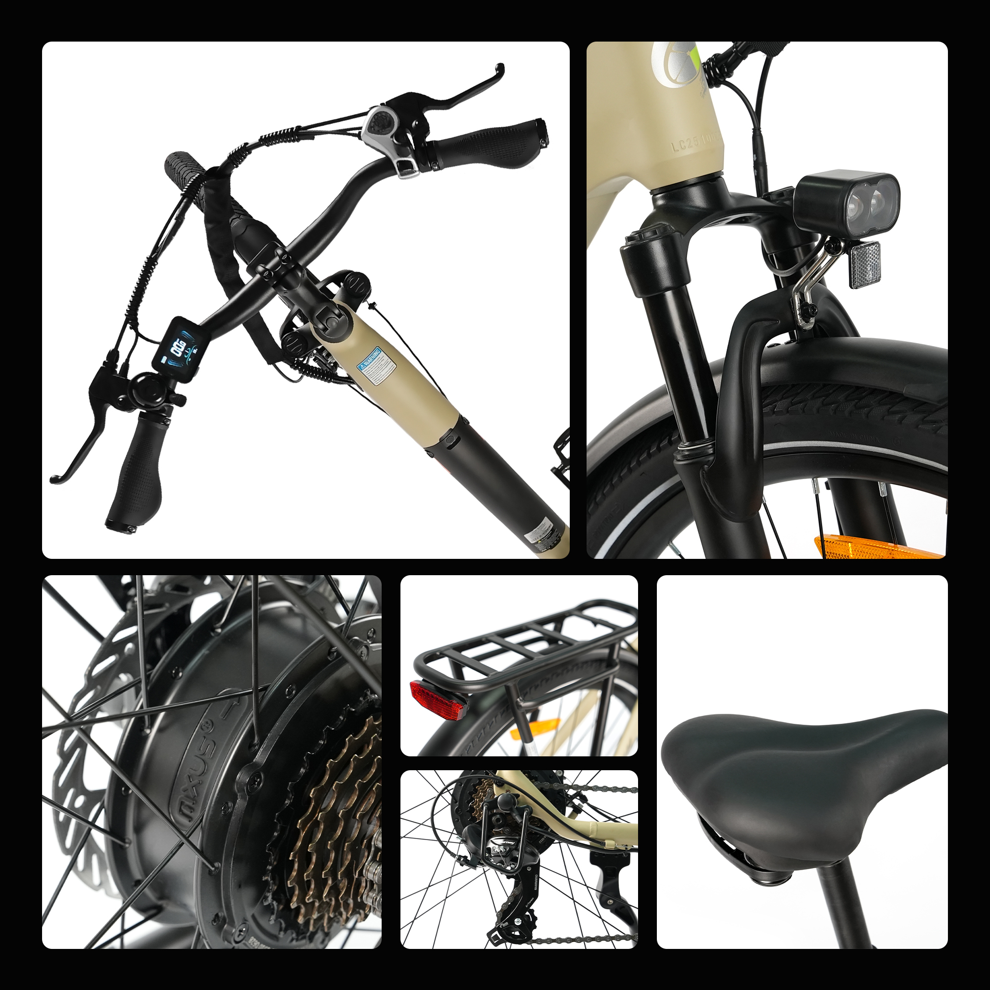 Zbliżenia roweru elektrycznego. Szczegóły: kierownica, światła, koła, biegi, siodełko i rama. Kolory czarny i beżowy.