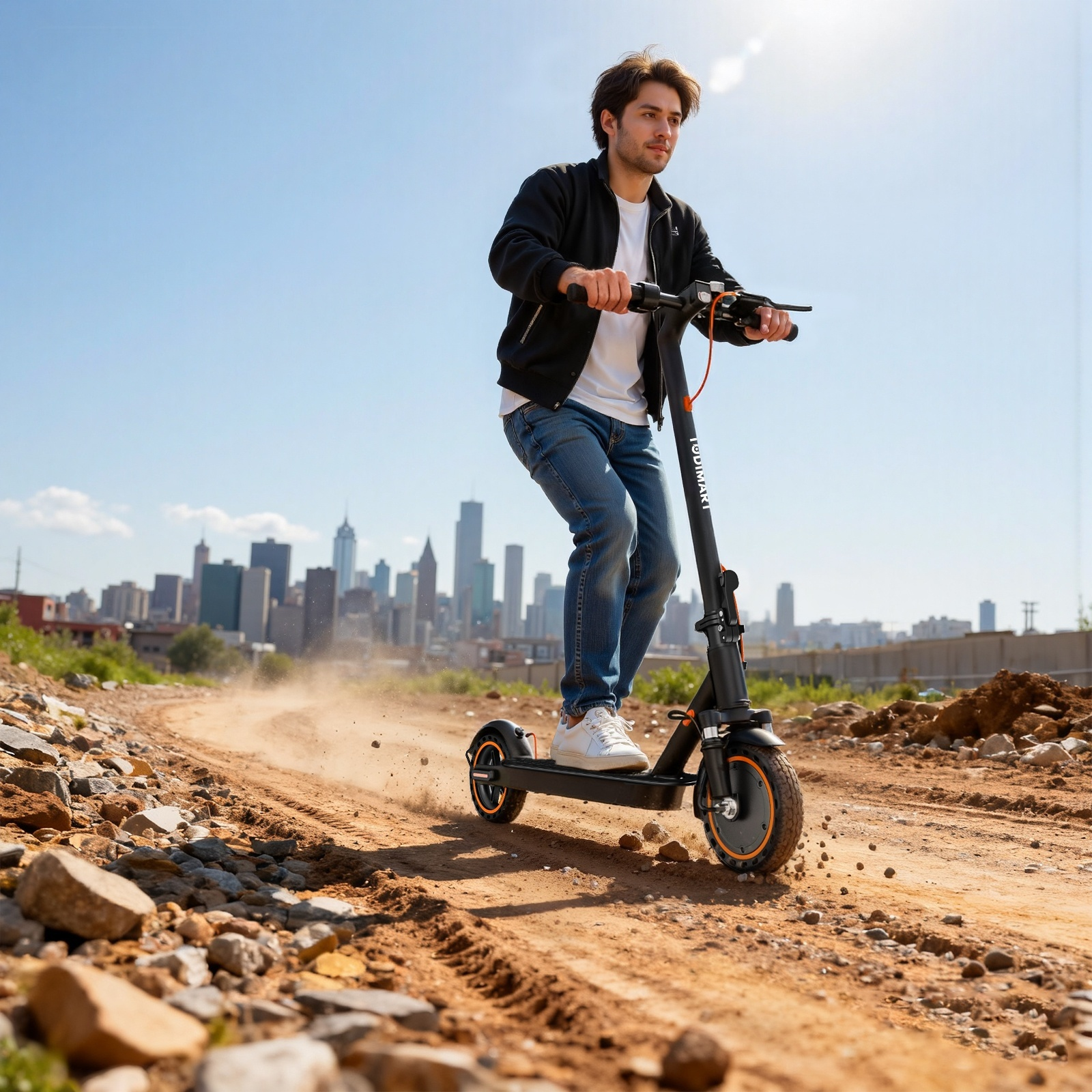 Mężczyzna jedzie czarną hulajnogą po piaszczystej ścieżce z budynkami miejskimi w tle pod błękitnym niebem.