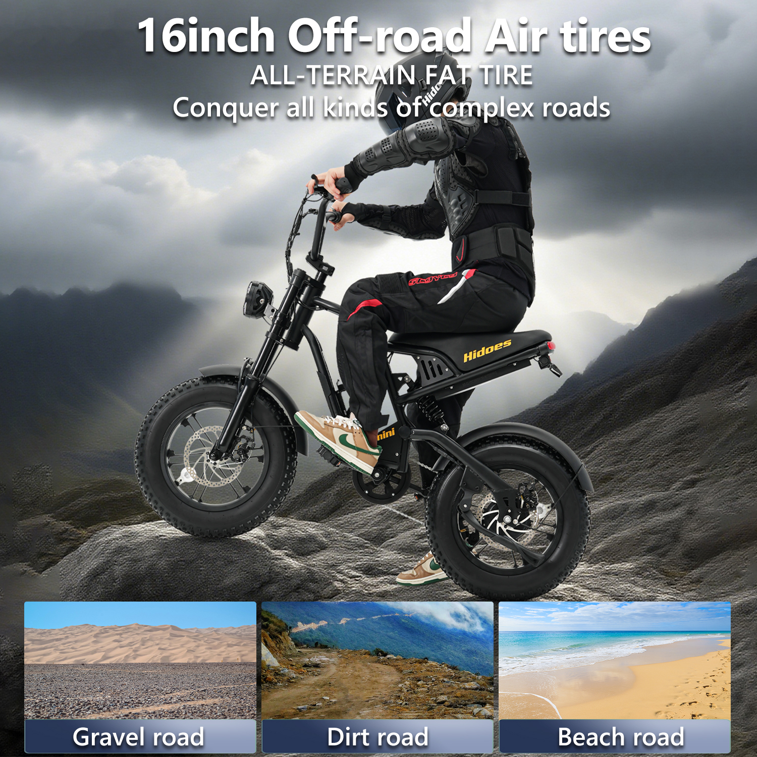 Osoba jedzie czarnym rowerem z oponami typu fat na skalistej górskiej drodze. Ma napis "16inch Off-road Air tires". Poniżej rodzaje dróg.