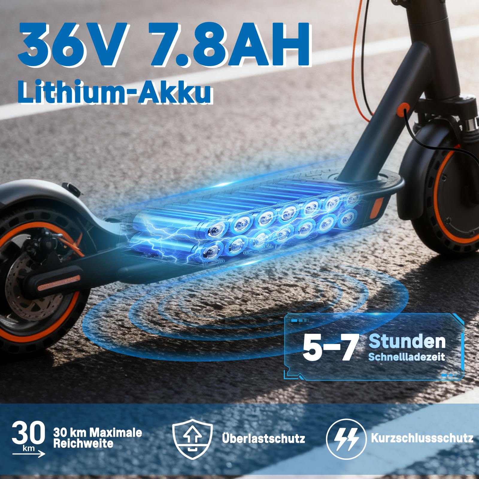 Hulajnoga elektryczna ze szczegółami baterii. Tekst: 36V 7.8AH Lithium-Akku, ładowanie 5-7h, zasięg 30km.