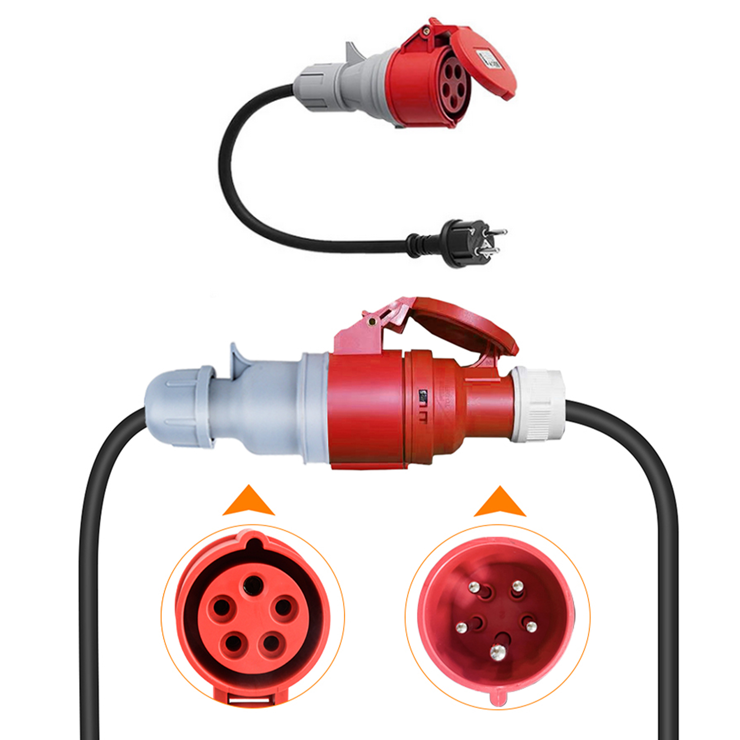 Obraz przedstawia złącza elektryczne. Czerwone i szare wtyczki i gniazda z czarnymi kablami. Widoczne są również zbliżenia otworów gniazd.