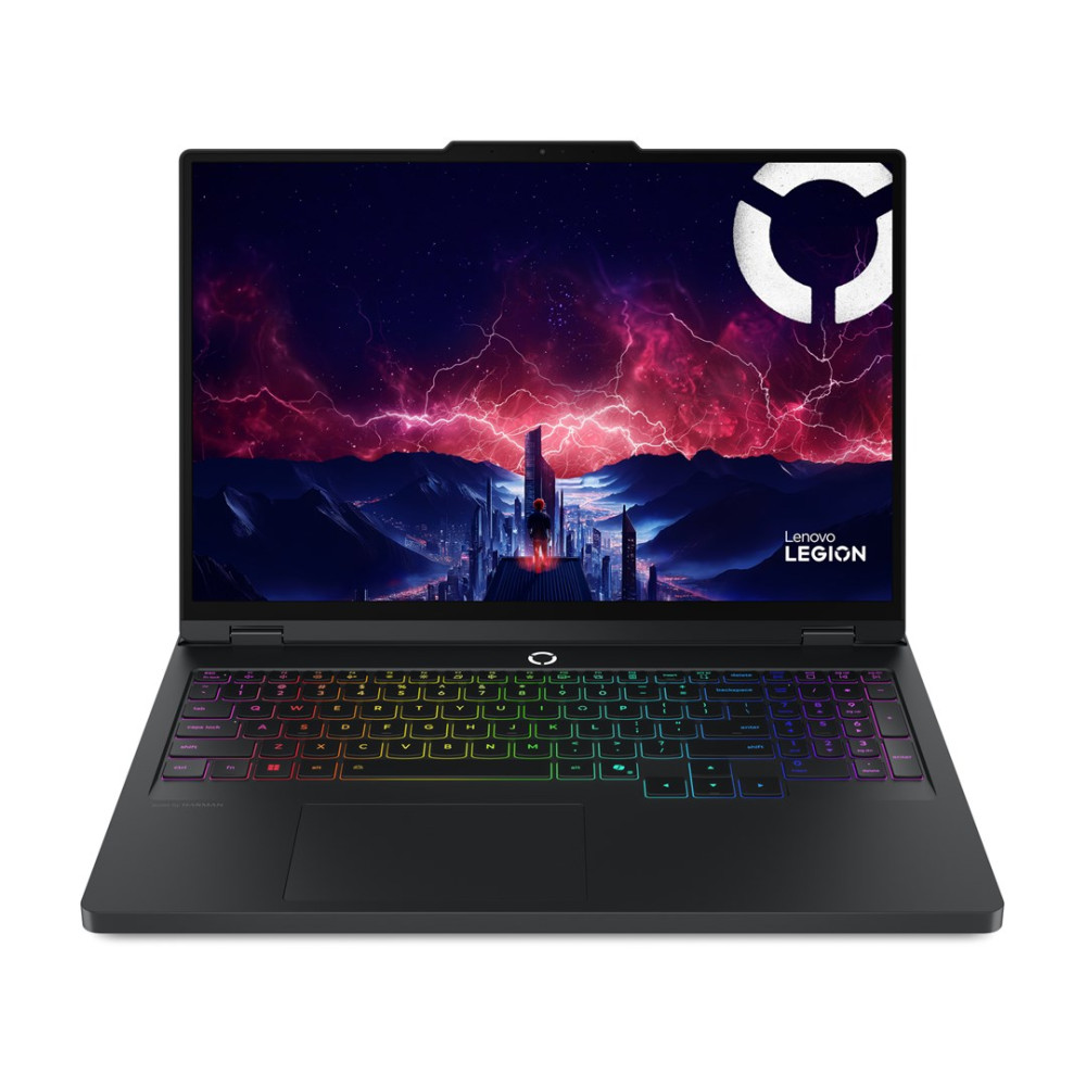Otwarty laptop Lenovo Legion, wyświetlający futurystyczny krajobraz miasta z błyskawicami. Klawiatura świeci tęczowymi kolorami.