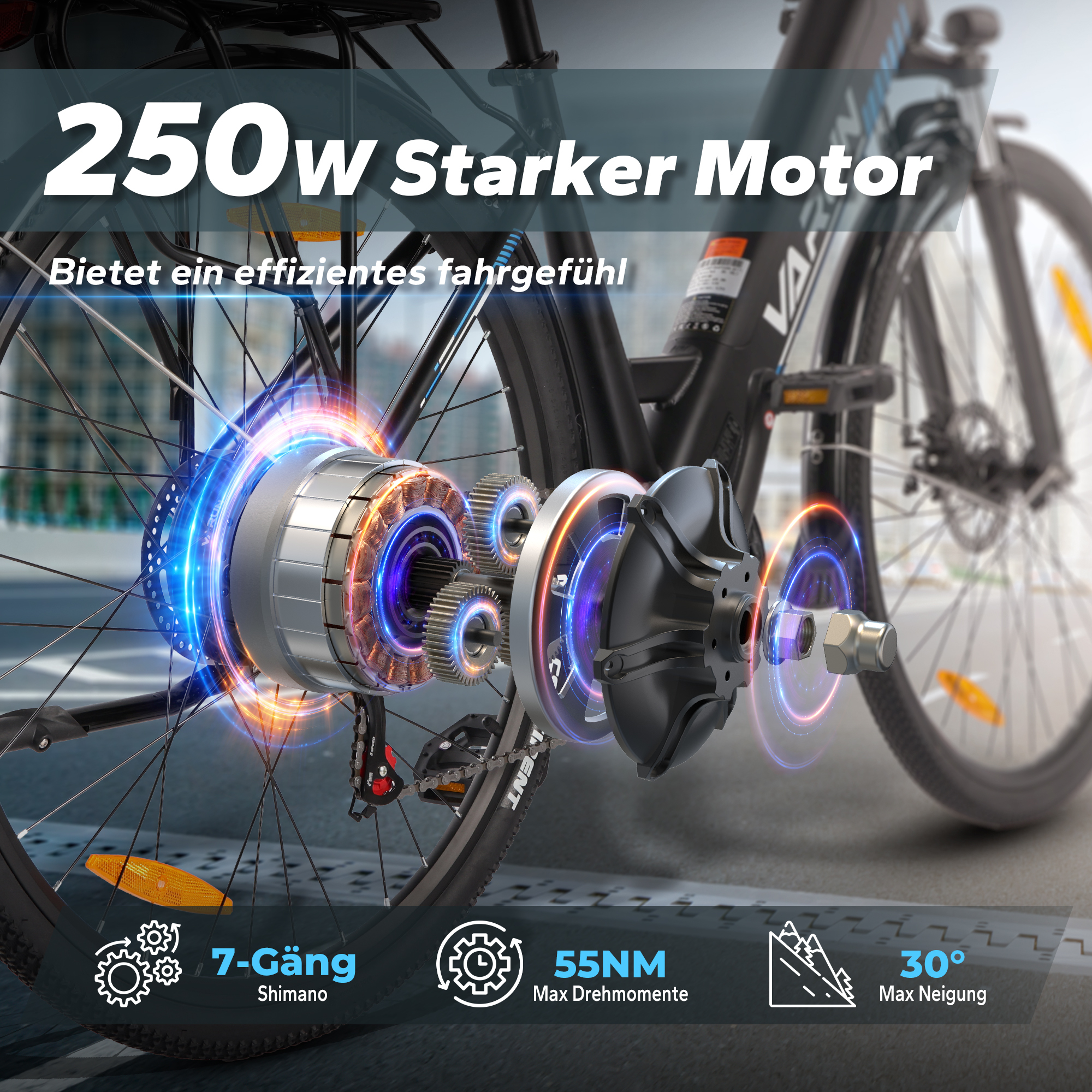 Rower elektryczny ze szczegółowym widokiem na silnik i przekładnie. Tekst zawiera silnik 250W, 7-biegowe Shimano i inne specyfikacje.