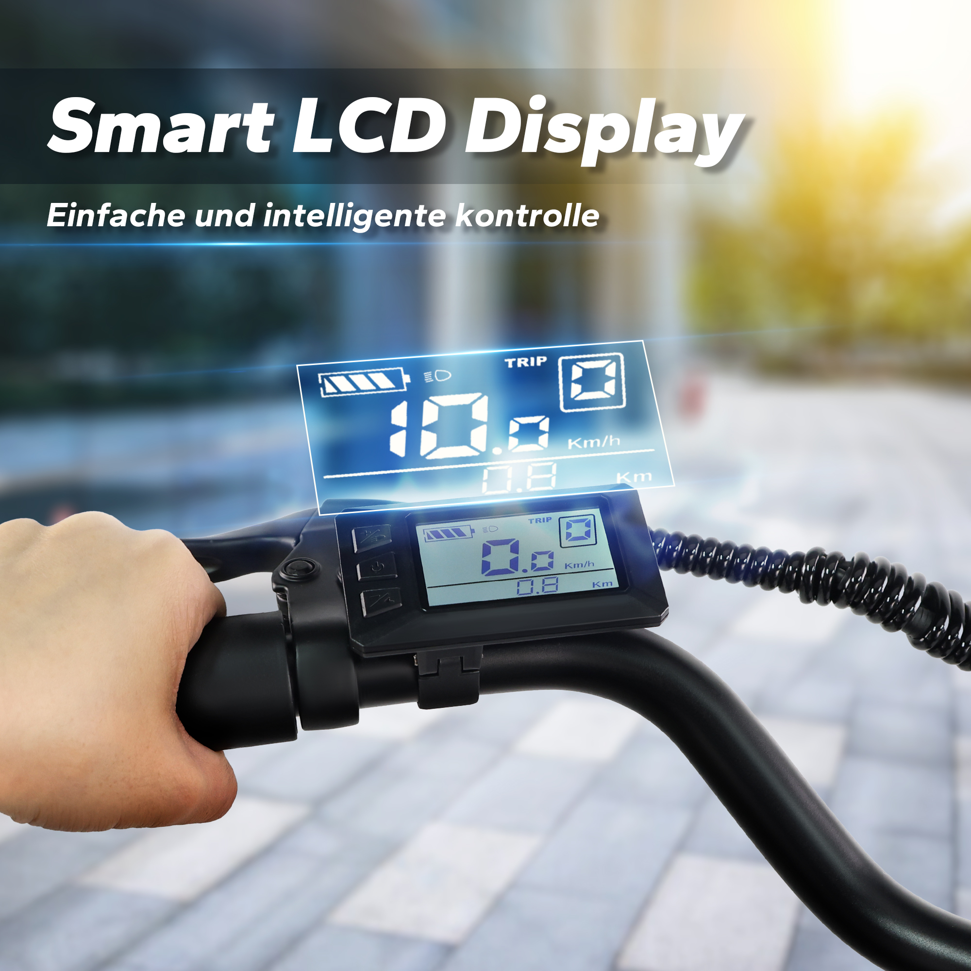 Zbliżenie kierownicy roweru elektrycznego z inteligentnym wyświetlaczem LCD. Pokazuje prędkość, baterię i informacje o podróży.