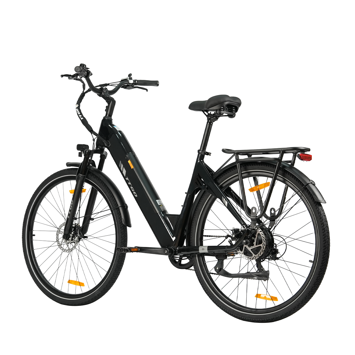 Czarny rower elektryczny na białym tle. Ma siodełko, pedały, koła i bagażnik. Marka to TTGO.