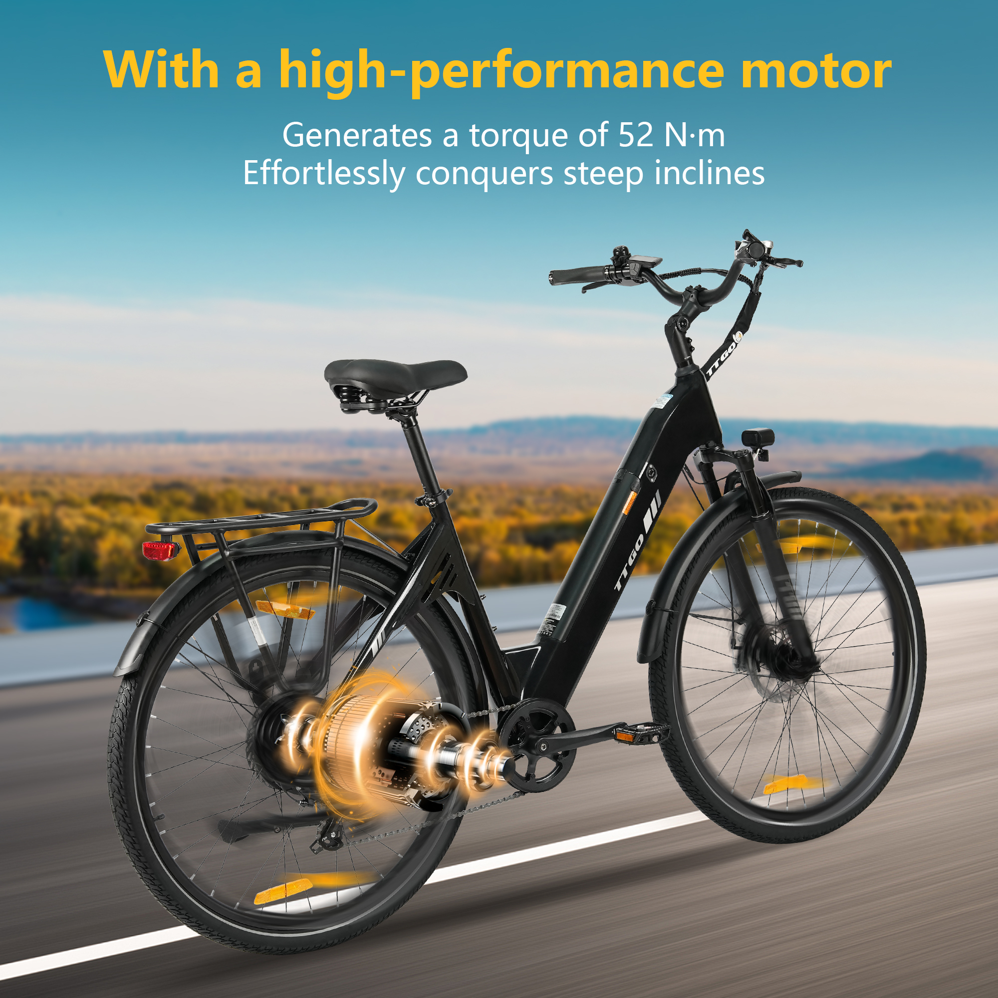 Czarny rower elektryczny. Posiada silnik o wysokiej wydajności, pokonujący strome wzniesienia. Tło ma rozmyty widok natury.