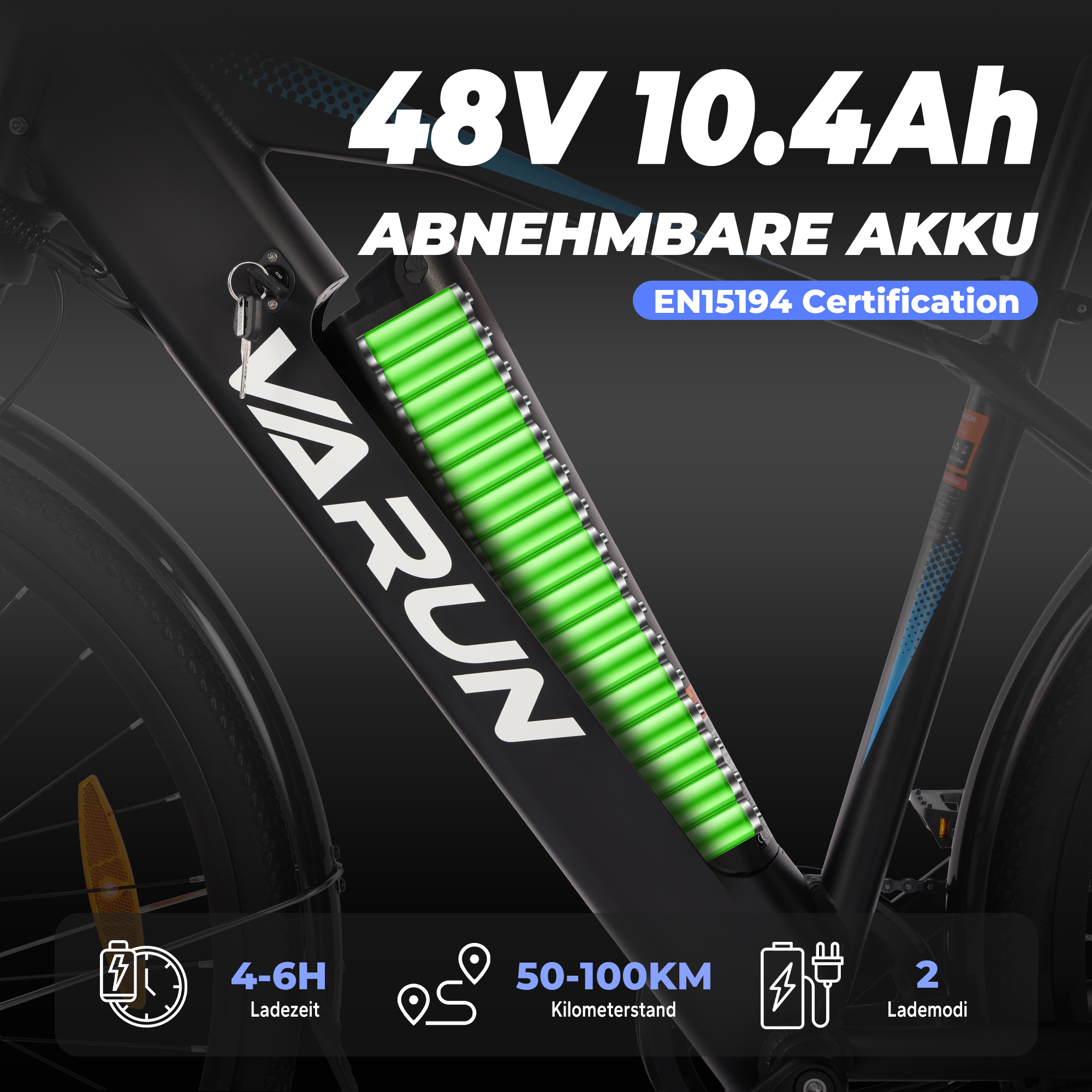 Czarny rower elektryczny. Bateria 48V 10.4Ah. Marka 'VARUN'. Pokazuje pojemność, czas ładowania i dystans.