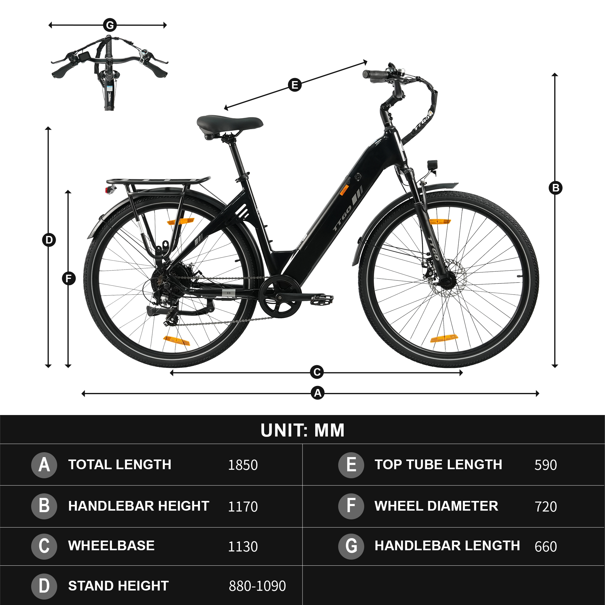 Czarny rower elektryczny z wymiarami. Zawiera wymiary kierownicy, koła i ramy w milimetrach.