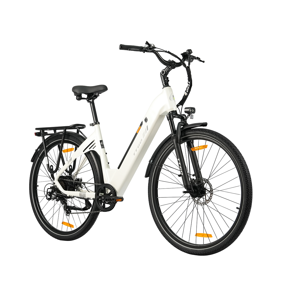 Biały rower elektryczny z czarnymi oponami, kierownicą i siedzeniem na białym tle.