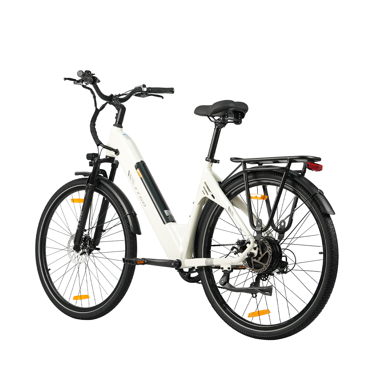 Biały rower elektryczny z czarnymi oponami i komponentami. Posiada bagażnik, akumulator i czarne siodełko.