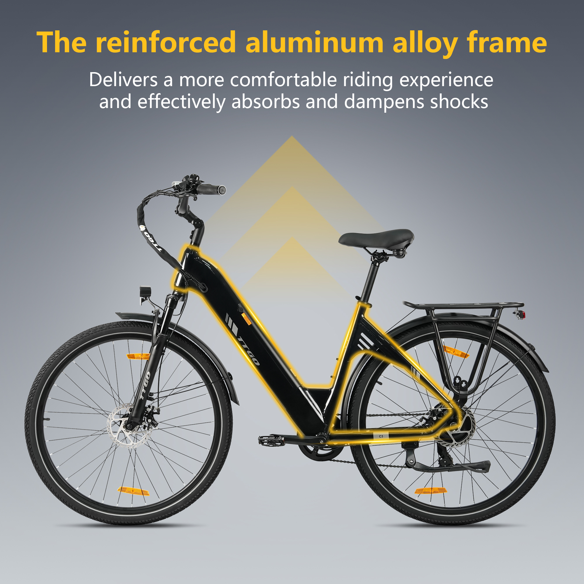 Rower elektryczny z czarno-żółtą ramą. Tekst mówi o wzmocnionej ramie ze stopu aluminium.