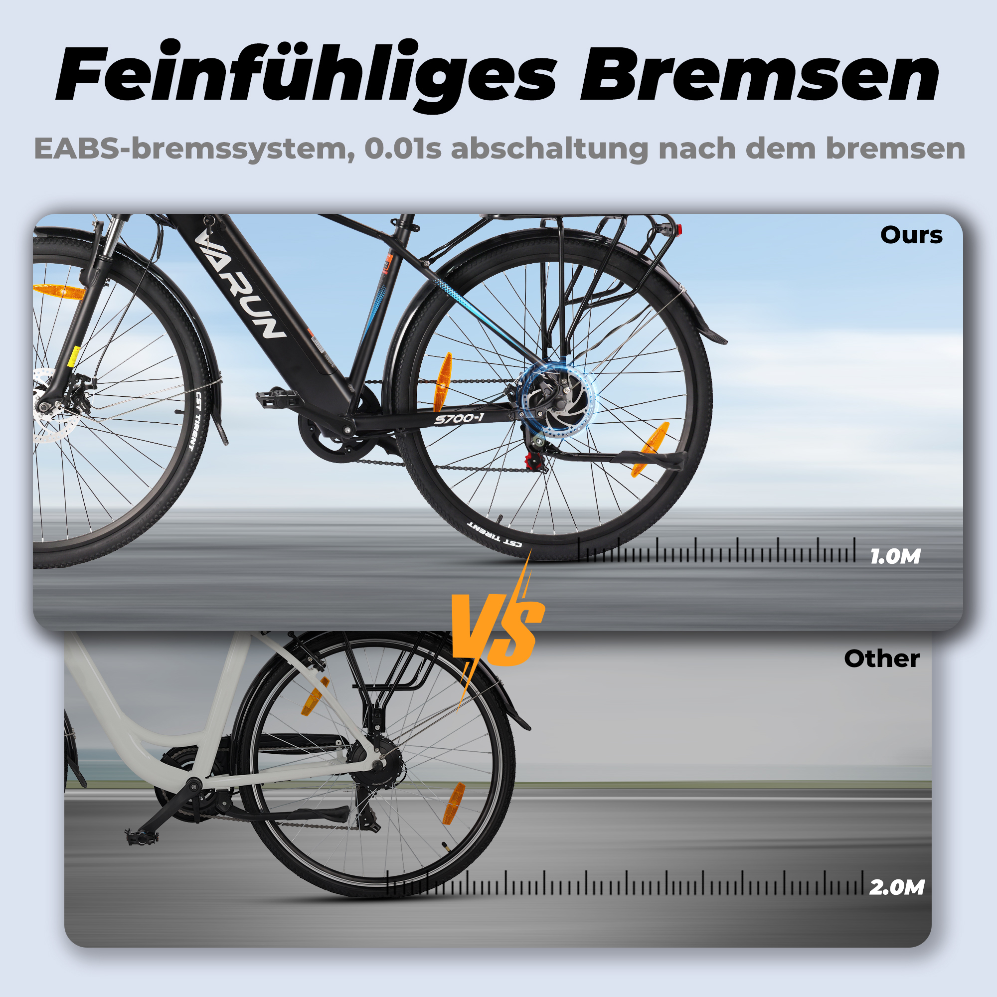 Obraz porównuje dwa rowery. Jeden czarny VARUN z hamulcami tarczowymi, drugi biały. Tekst pokazuje drogę hamowania.