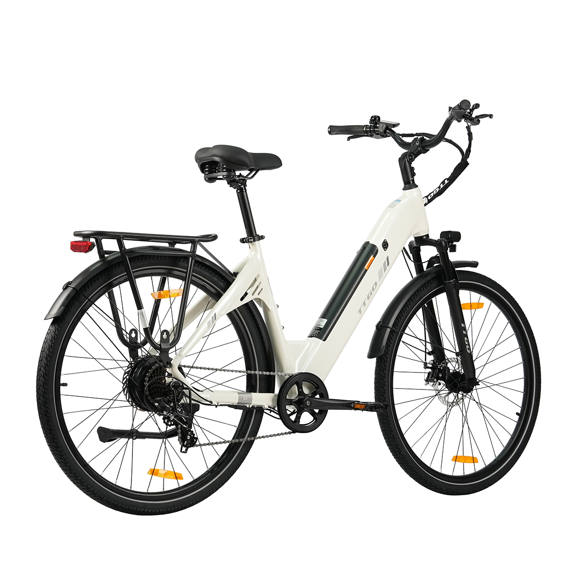 Biały rower elektryczny z czarnymi oponami, siodełkiem i kierownicą. Posiada bagażnik tylny, błotniki i pomarańczowe odblaski.