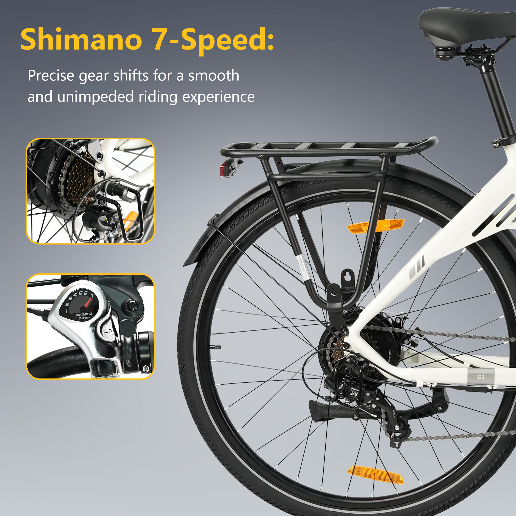 Białe koło roweru z czarną oponą, biegami i bagażnikiem. Wyróżniono szczegóły Shimano 7-biegowe.