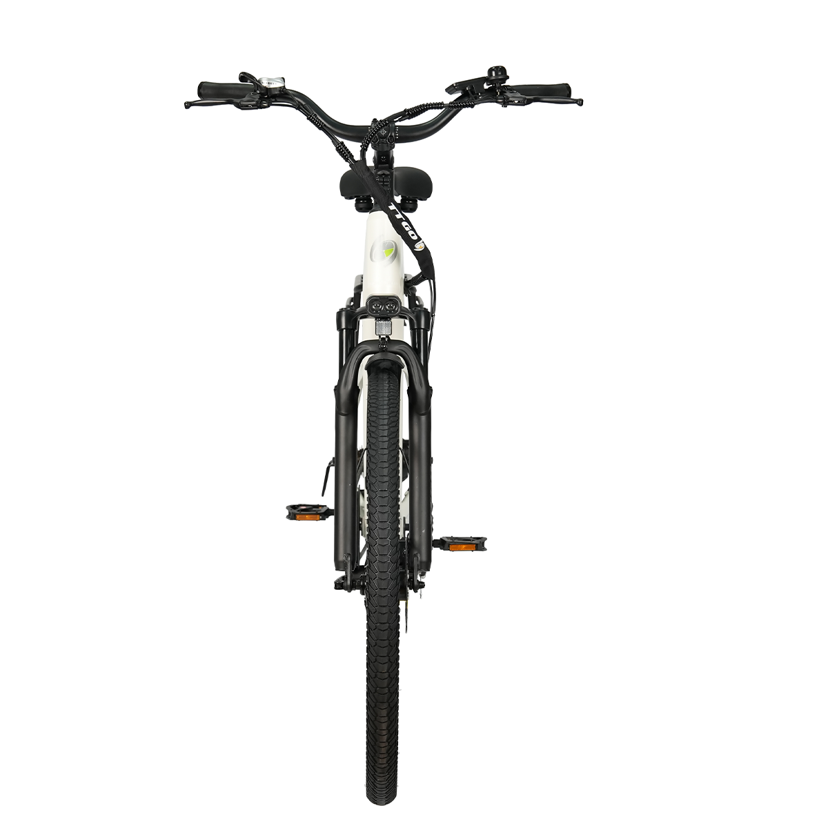 Biało-czarny rower elektryczny jest wyśrodkowany na białym tle. Rower ma czarną kierownicę, opony i detale ramy.