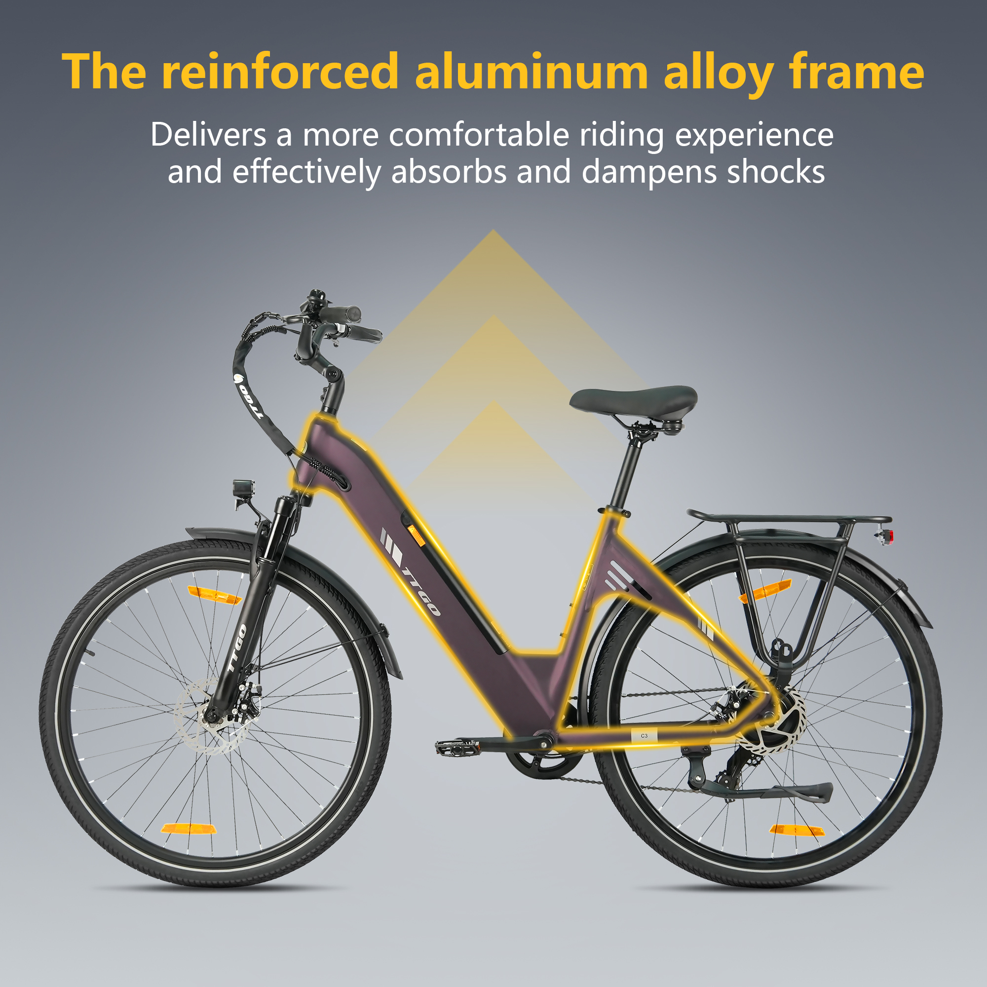 Rower elektryczny z fioletową ramą i czarnymi oponami, podświetlony żółtym konturem, na szarym tle.