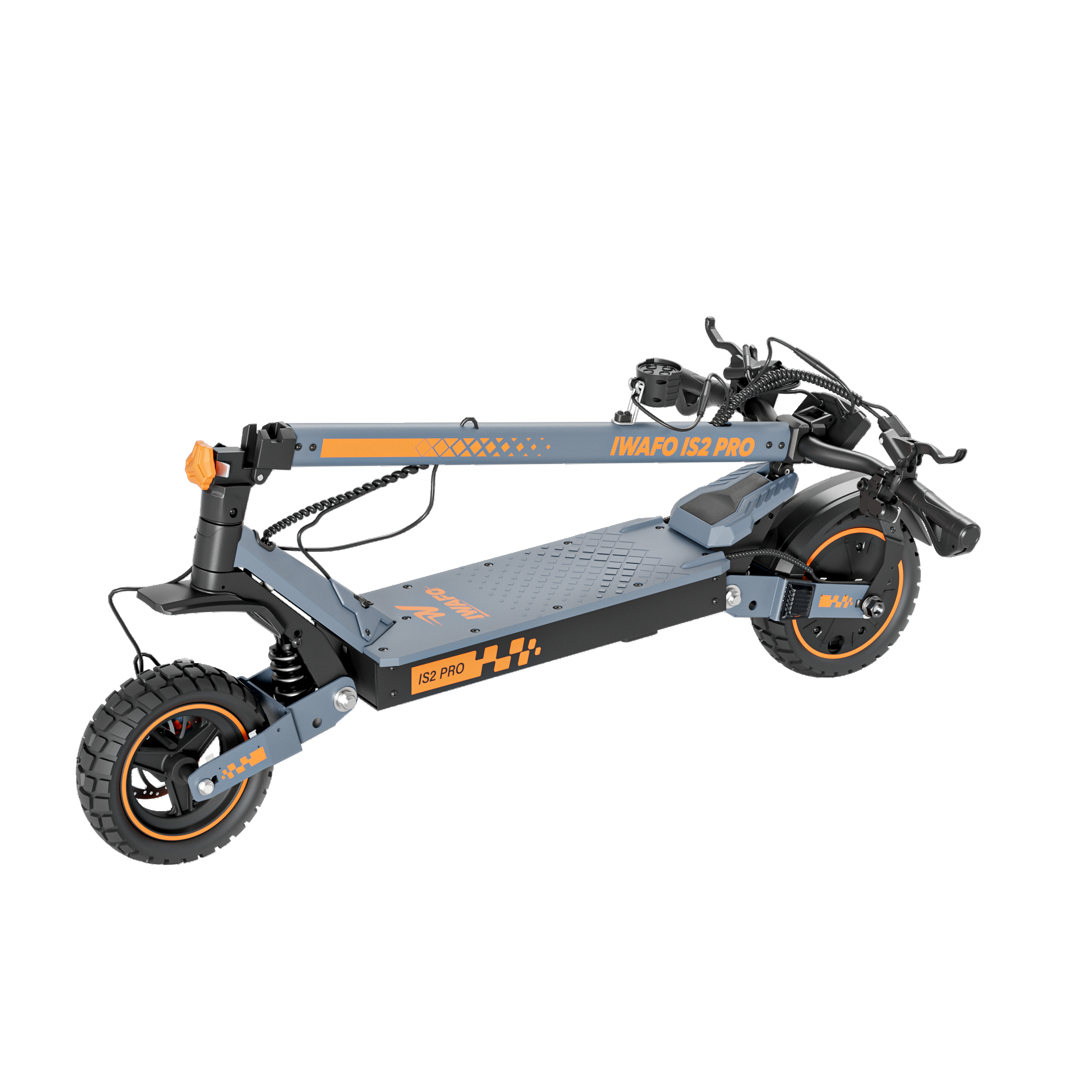 Hulajnoga elektryczna na czarnym tle. Szara i czarna z pomarańczowymi akcentami. Widoczna nazwa marki.