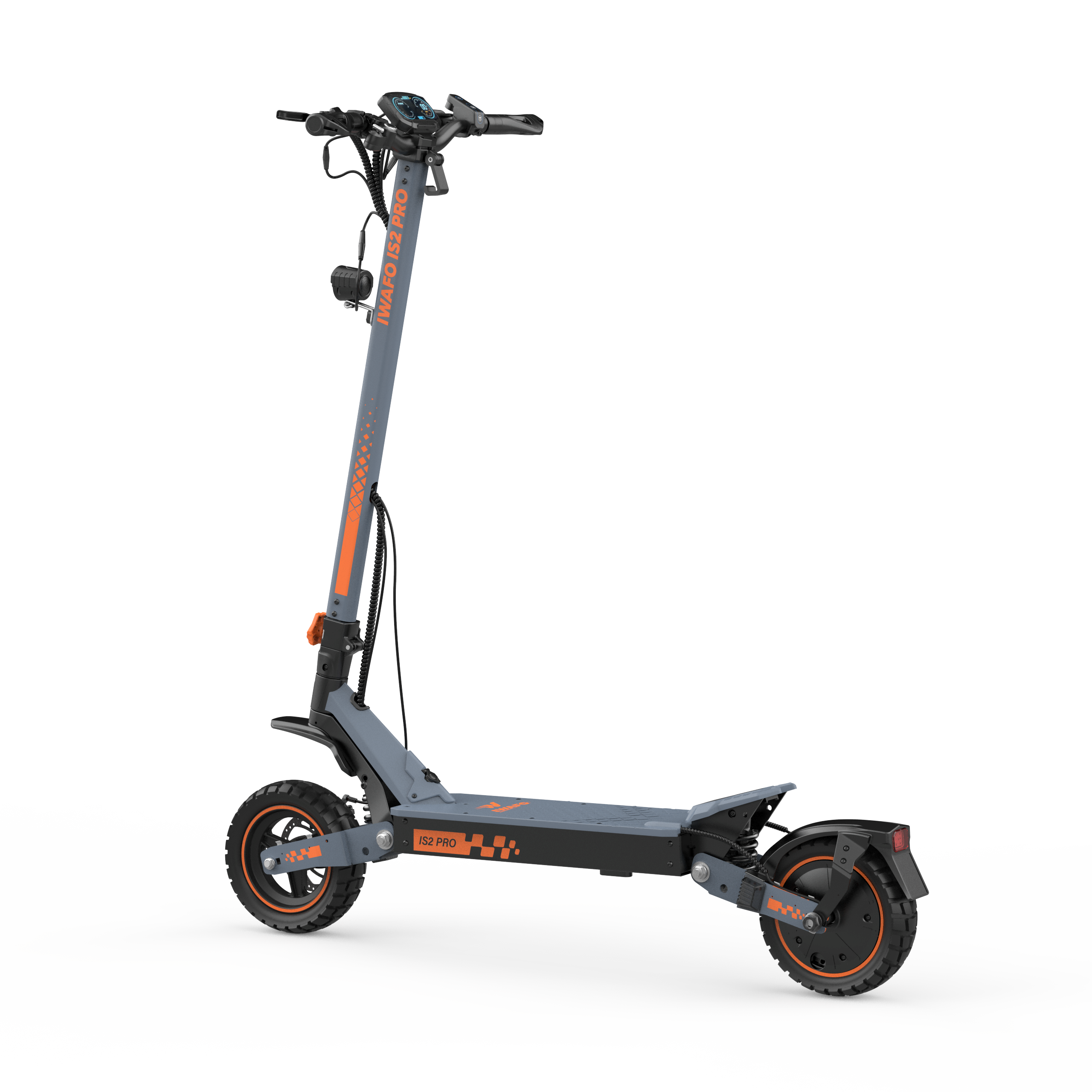 Szaro-pomarańczowa hulajnoga elektryczna, model IS2 Pro, na czarno-białym tle.