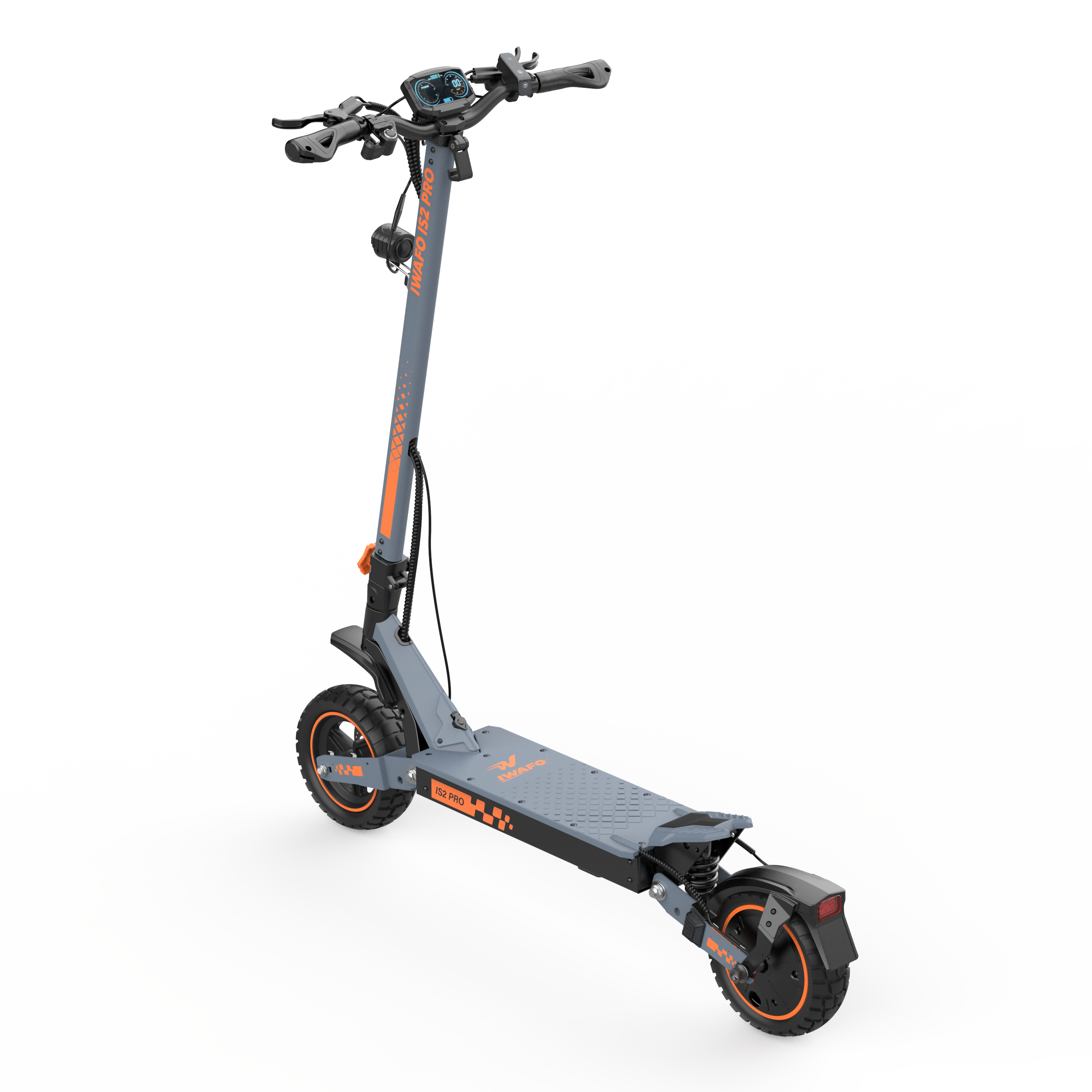 Szary skuter elektryczny z pomarańczowymi akcentami. Posiada wyświetlacz cyfrowy i wytrzymałe opony.