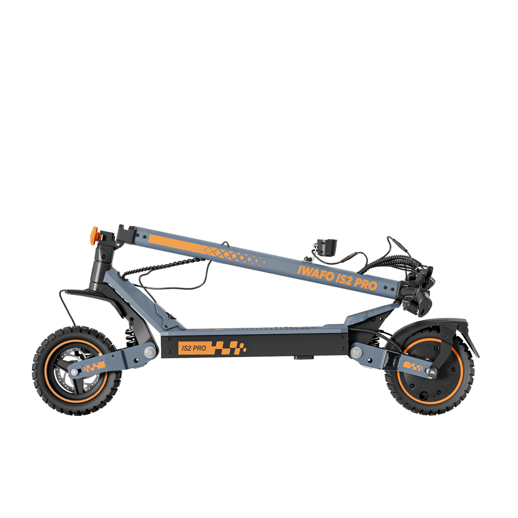 Szara hulajnoga elektryczna IWAFO IS2 PRO z pomarańczowymi akcentami. Na czarnym tle. Hulajnoga jest złożona.