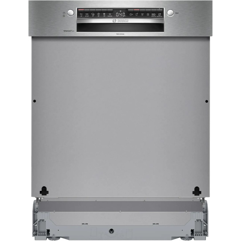 Zmywarka Bosch ze stali nierdzewnej. Posiada panel sterowania z wyświetlaczem cyfrowym i przyciskami. Obudowa jest szara.