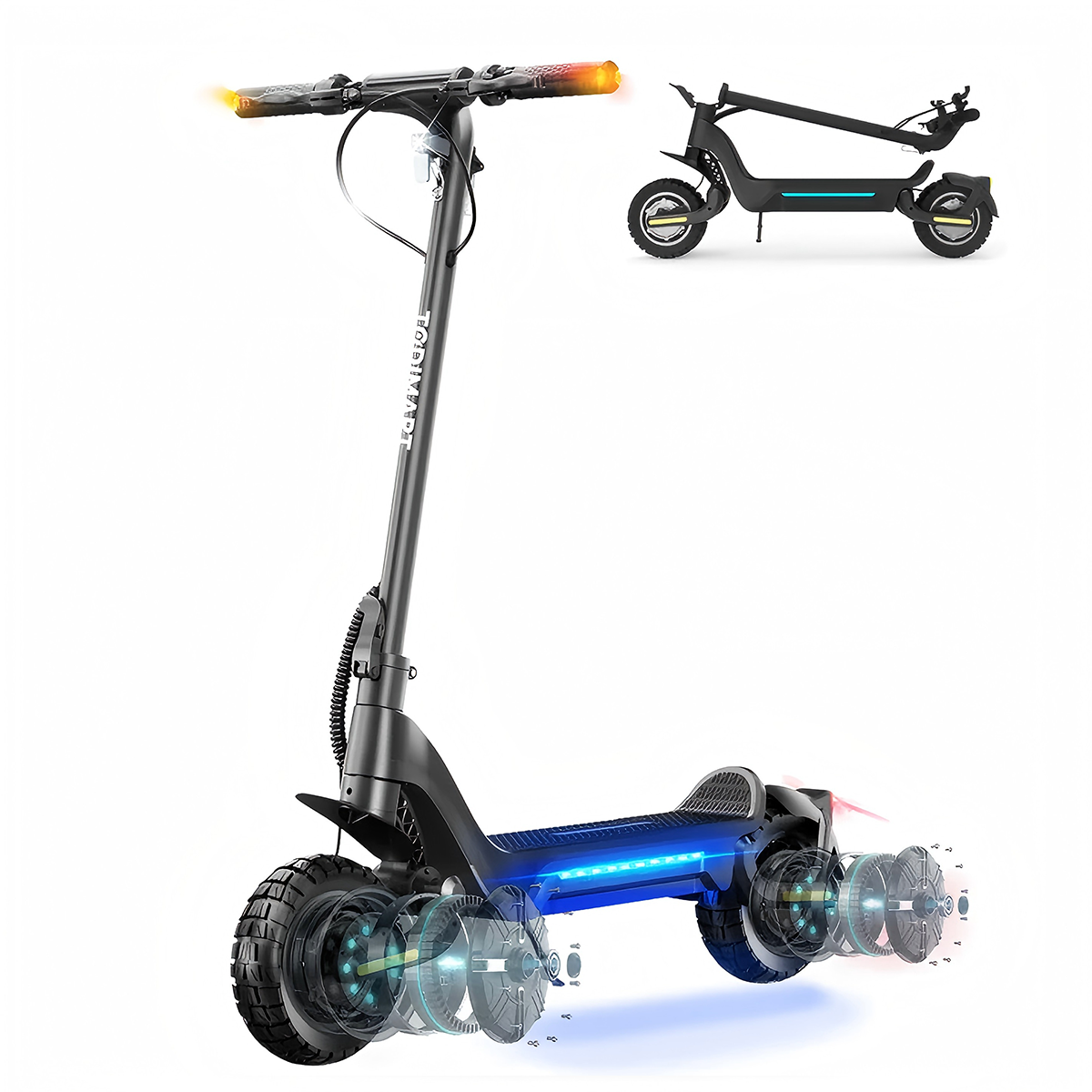 Czarna hulajnoga elektryczna z pomarańczowymi światłami, niebieskim oświetleniem podwozia i drugim zdjęciem hulajnogi w tle.