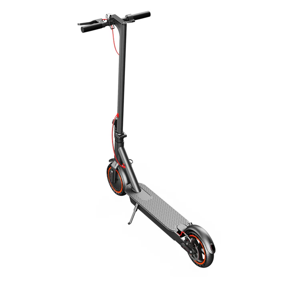 Czarna hulajnoga elektryczna z pomarańczowymi akcentami. Ma długi trzon, kierownicę i platformę na stopy. Koła mają pomarańczowe pierścienie.