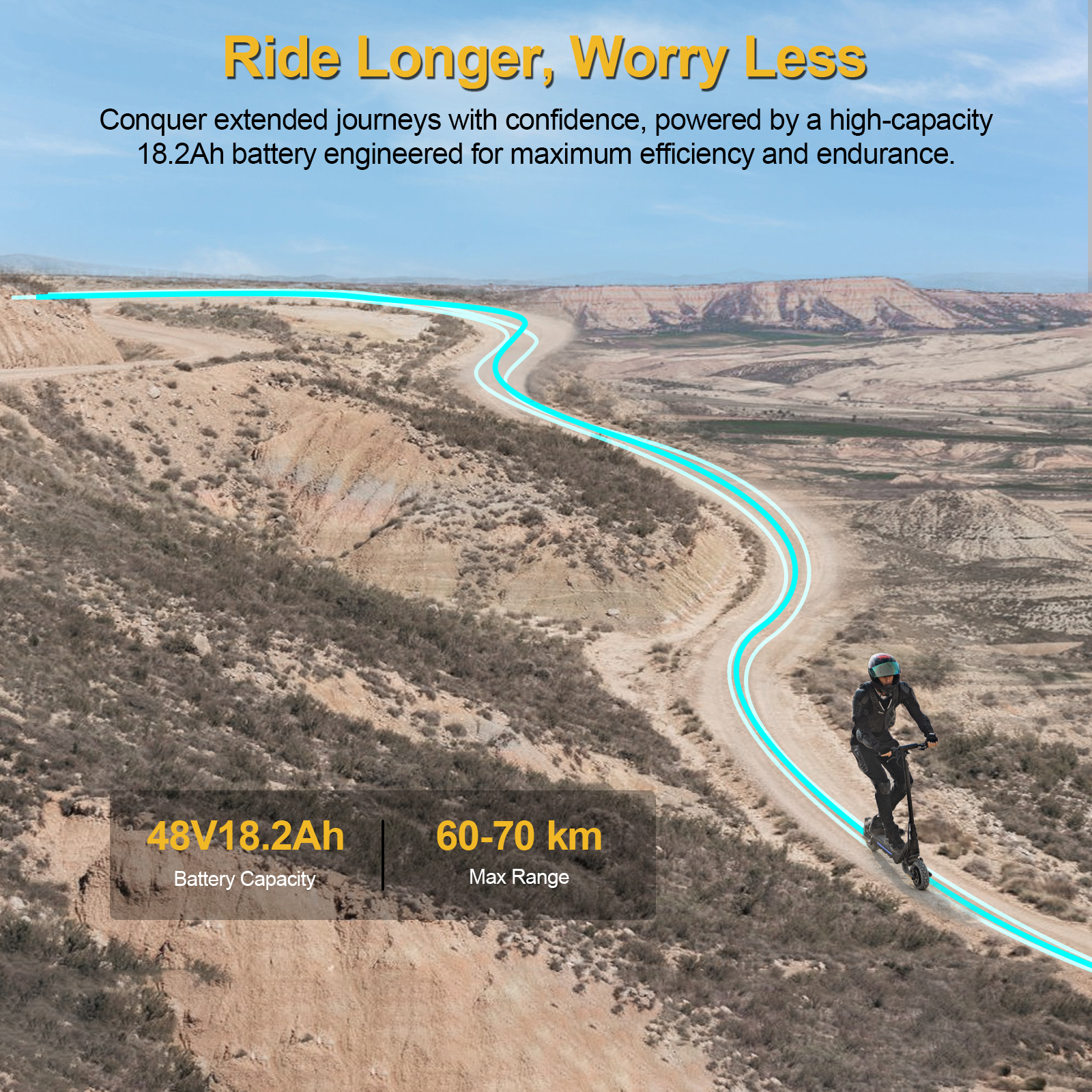 Osoba jedzie skuterem elektrycznym po krętej drodze przez pustynny krajobraz. Tekst podkreśla baterię i zasięg.
