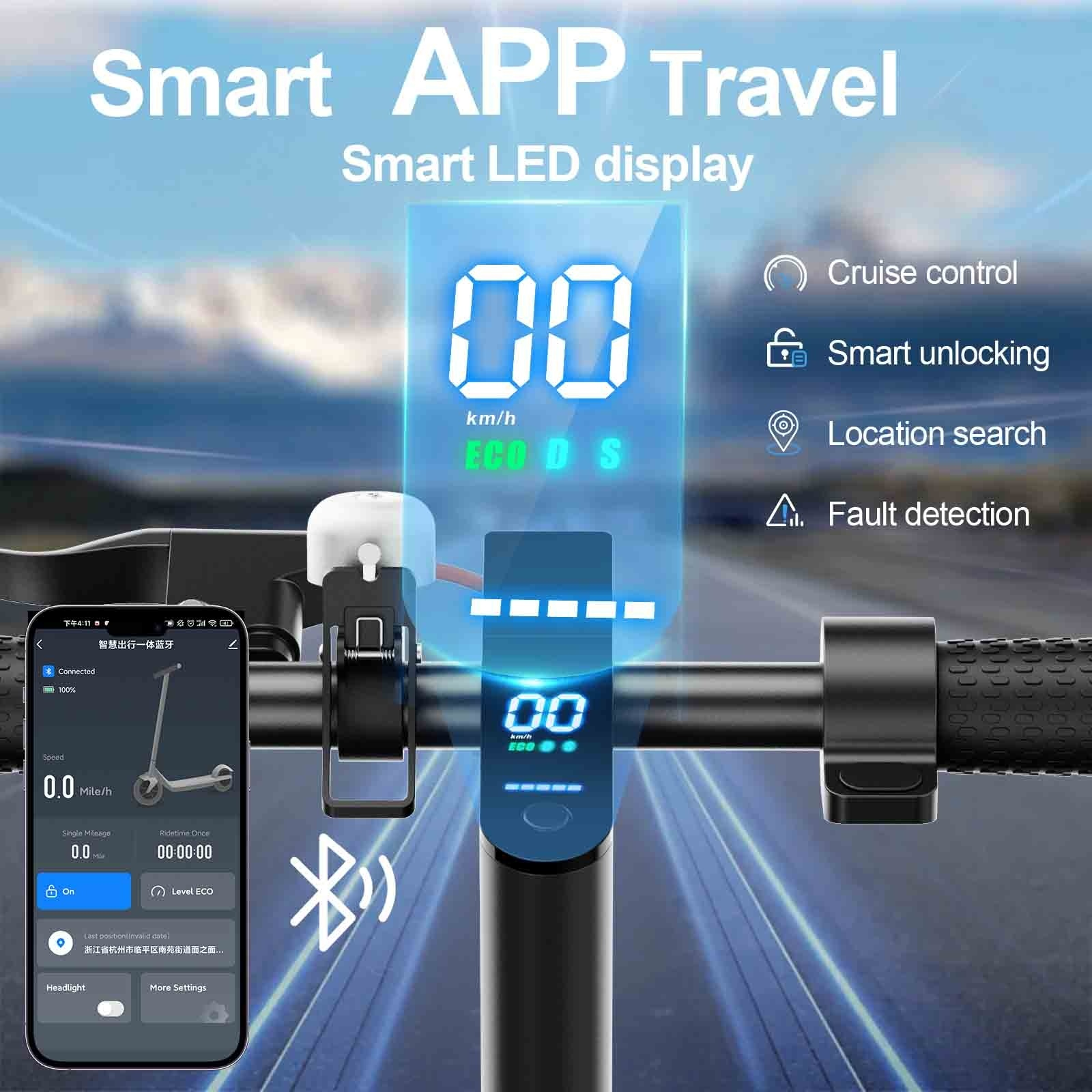 Kierownica hulajnogi elektrycznej z cyfrowym wyświetlaczem pokazującym prędkość. Smartfon wyświetla statystyki hulajnogi. Funkcje: tempomat, inteligentna blokada, wyszukiwanie.