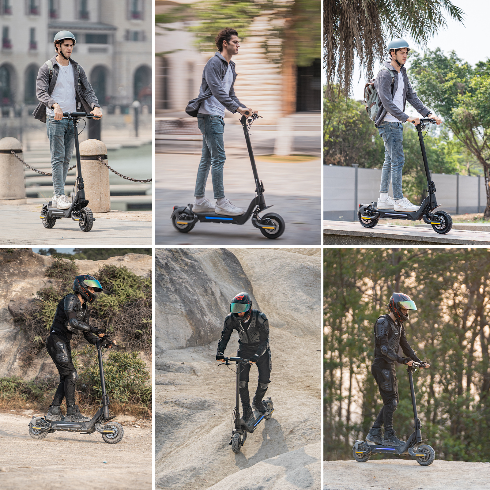Sześć zdjęć przedstawia osobę na hulajnodze elektrycznej w różnych ustawieniach: miasto, park i teren, niektóre w kaskach i sprzęcie ochronnym.