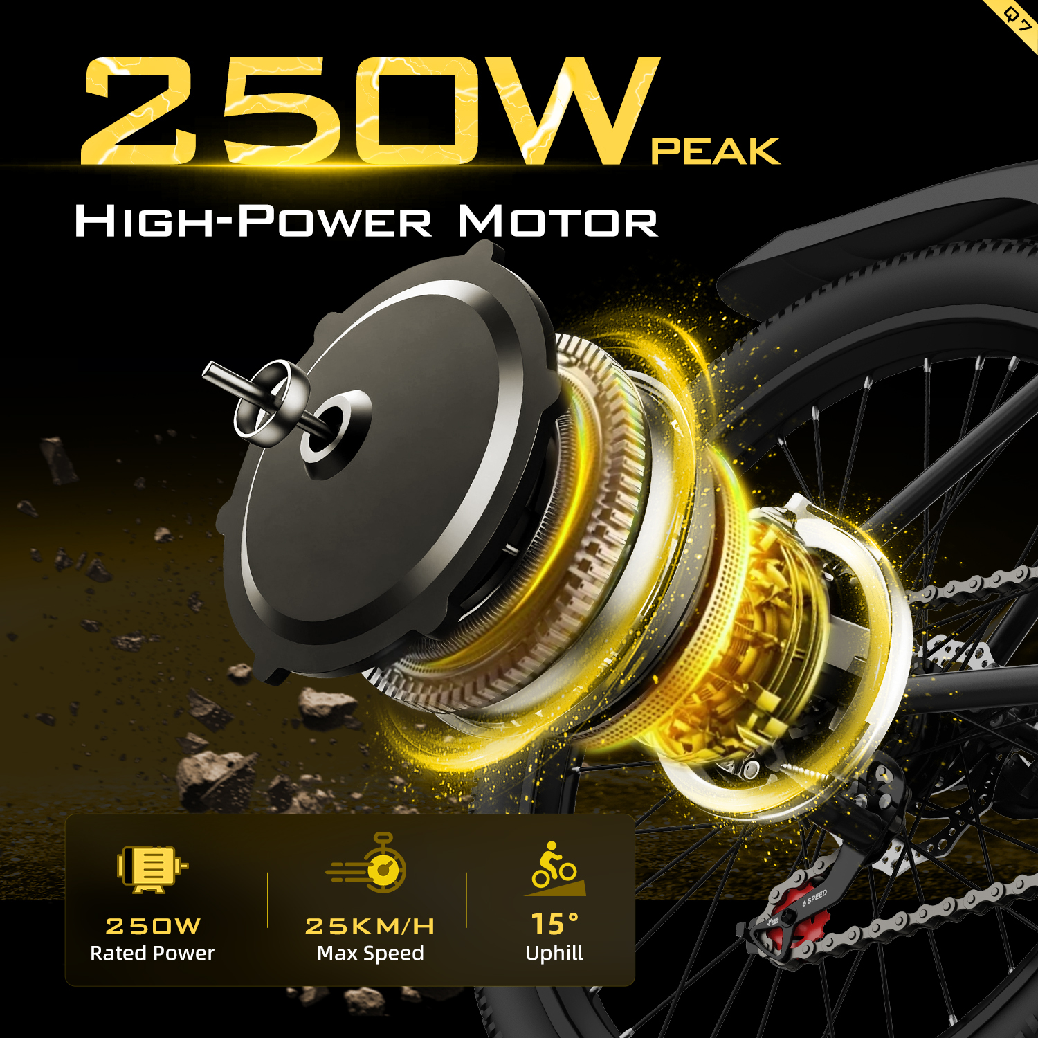 Obraz przedstawia silnik dużej mocy o parametrach: 250W, prędkość maksymalna 25km/h i zdolność pokonywania wzniesień 15°. Silnik jest na rowerze.
