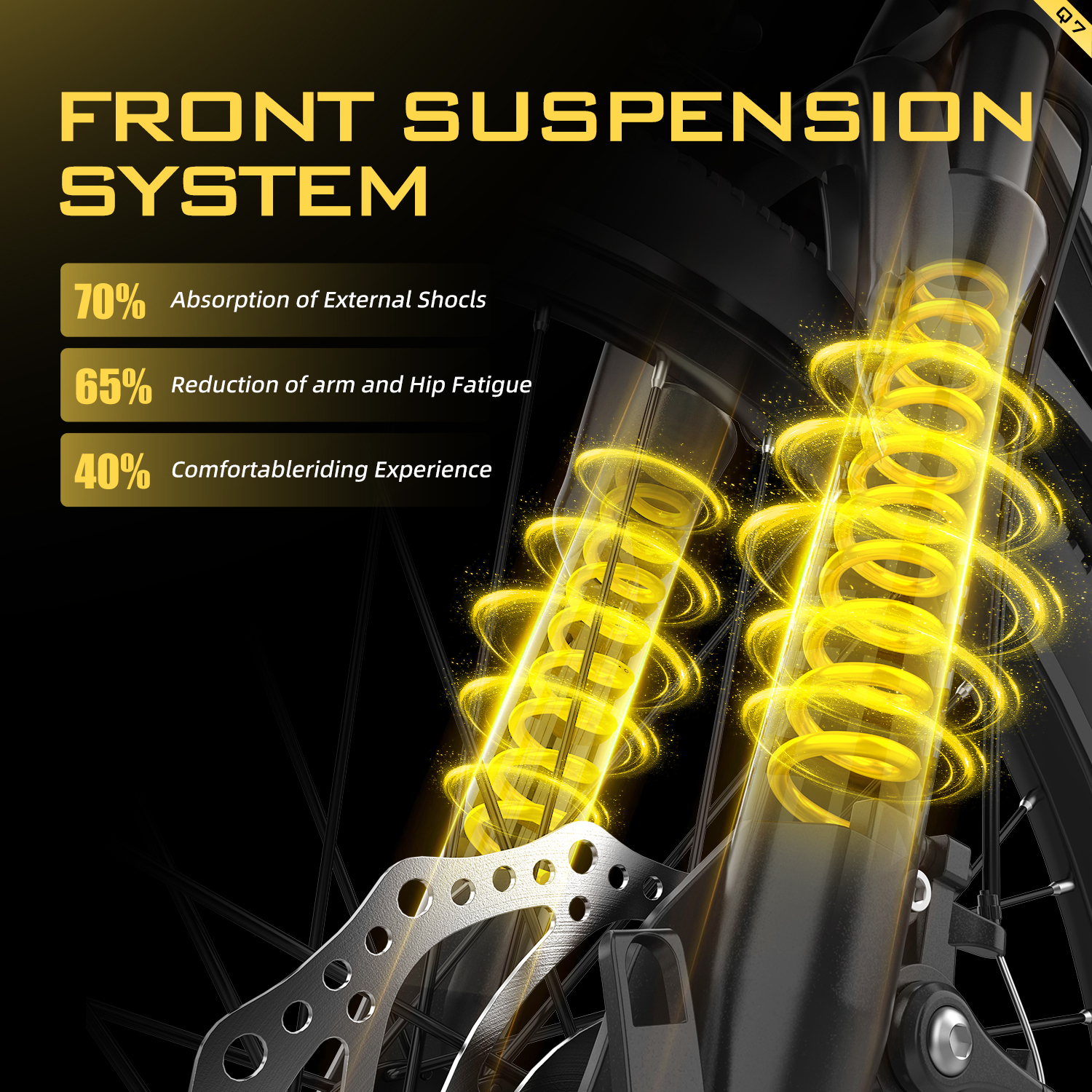 Obraz przedstawia przedni układ zawieszenia z świecącymi żółtymi sprężynami. Tekst podkreśla absorpcję wstrząsów, redukcję zmęczenia i komfort jazdy.
