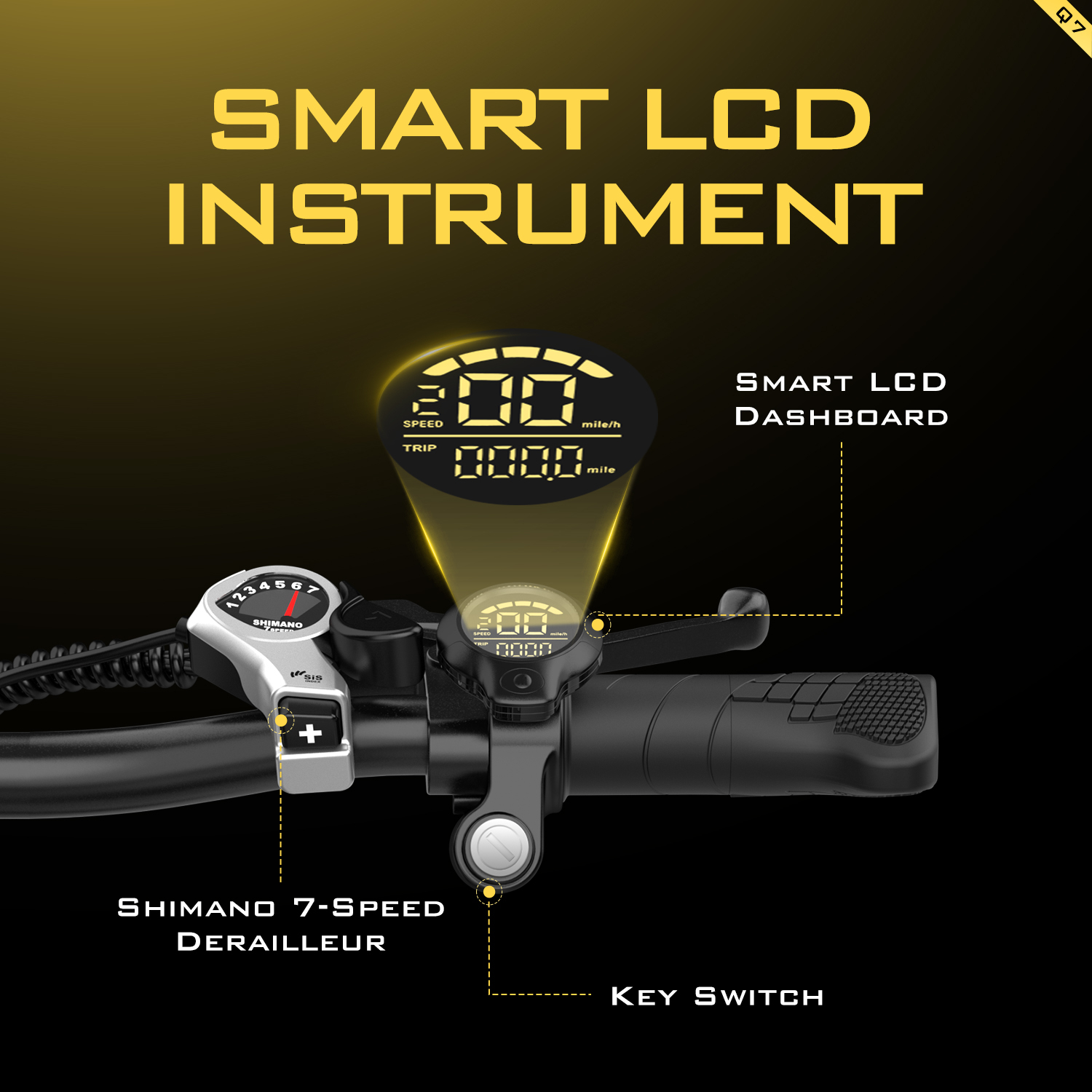 Zbliżenie kierownicy roweru elektrycznego z inteligentnym wyświetlaczem LCD pokazującym prędkość. Przerzutka Shimano 7-biegowa.