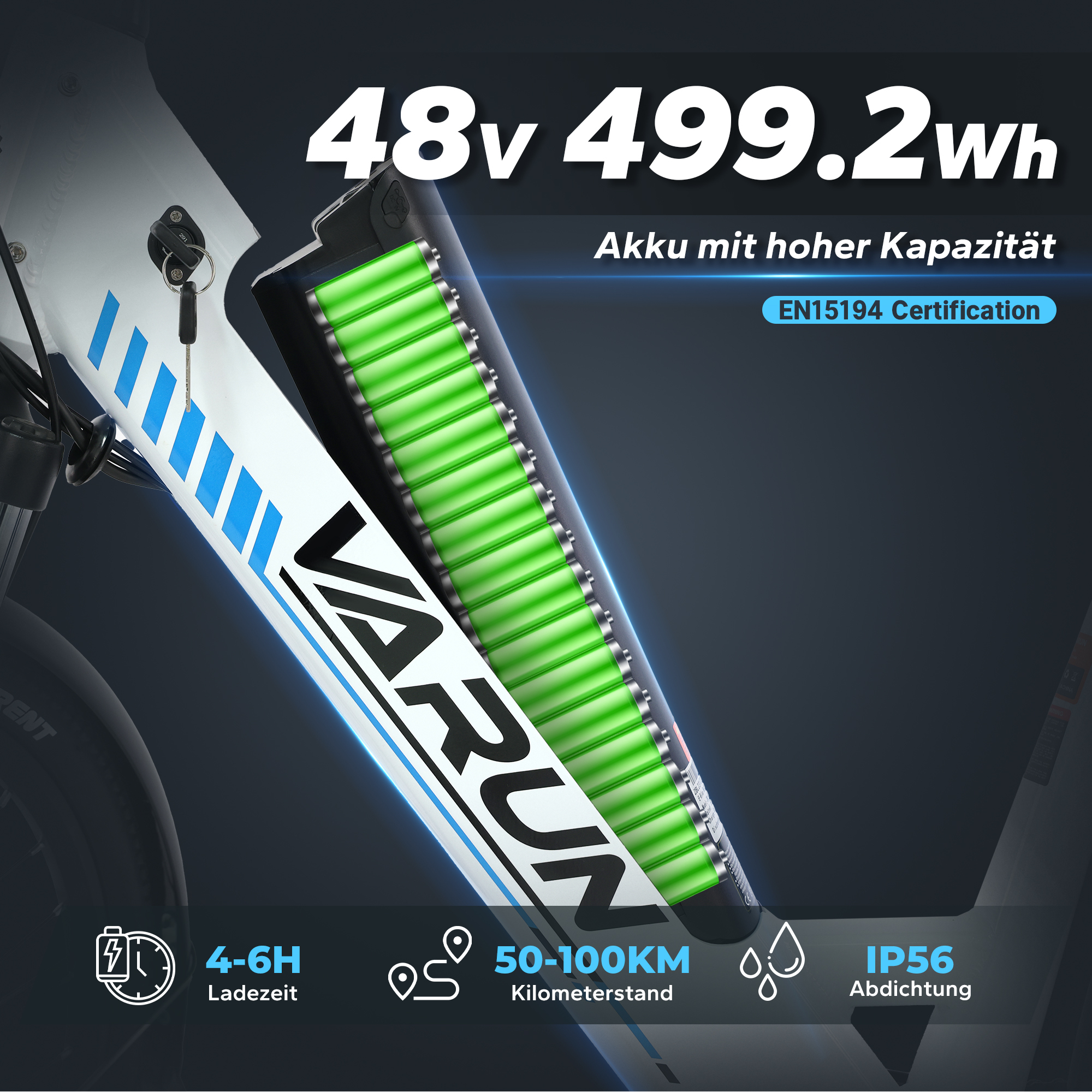 E-bike z akumulatorem pokazującym zielone ogniwa, ze specyfikacją: 48v 499.2Wh, ładowanie 4-6H, zasięg 50-100KM, IP56.