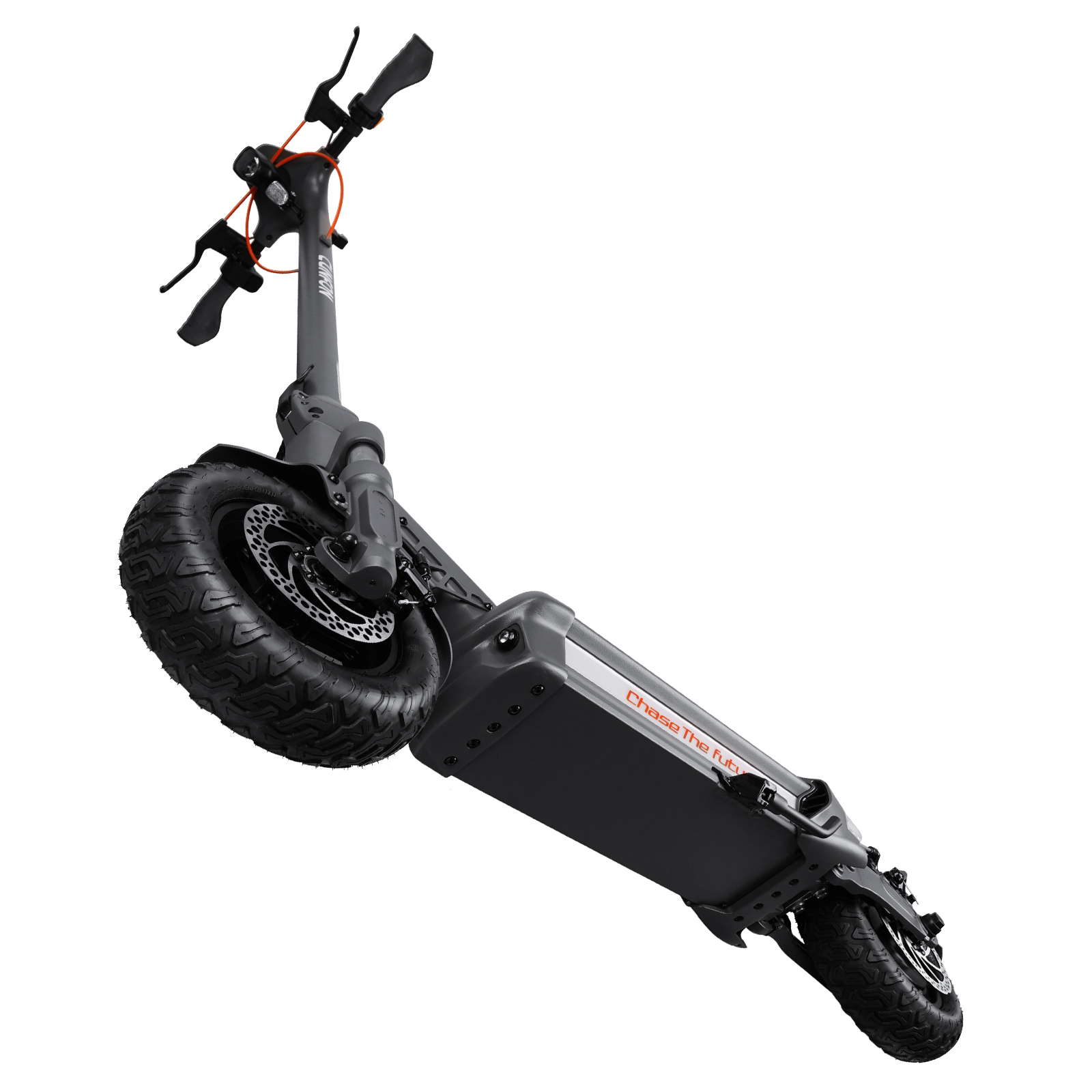 Szara hulajnoga elektryczna skierowana w górę. Ma czarną kierownicę, koła i baterię z napisem "Chase The futu".