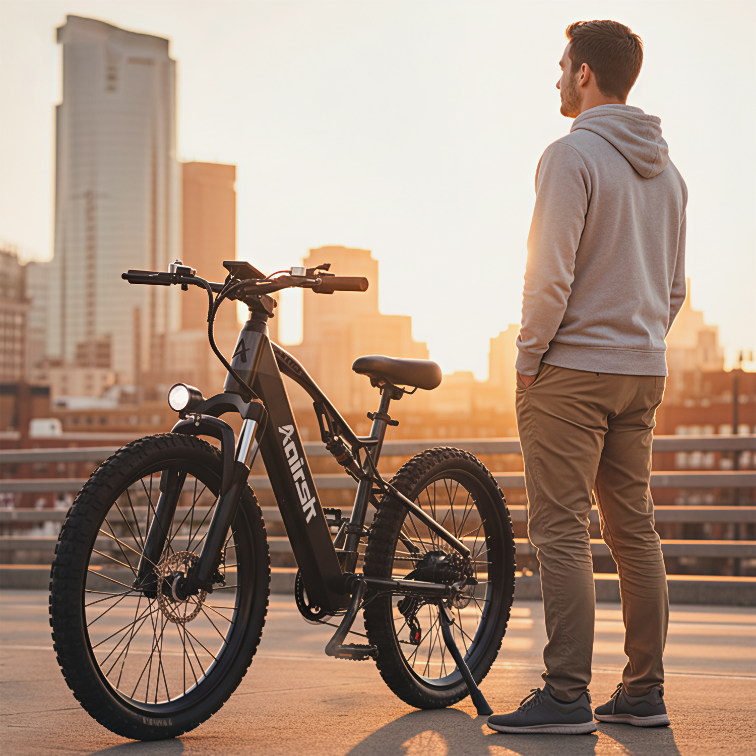 Mężczyzna z rękami w kieszeniach patrzy na zachód słońca obok czarnego roweru elektrycznego. W tle budynki miejskie.