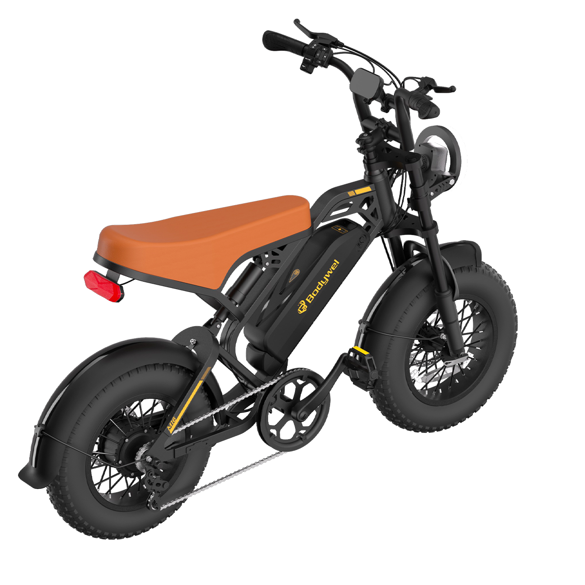 Czarny rower elektryczny z brązowym siedzeniem, czarnymi oponami i reflektorem. Rower na białym tle, pod kątem w prawo.